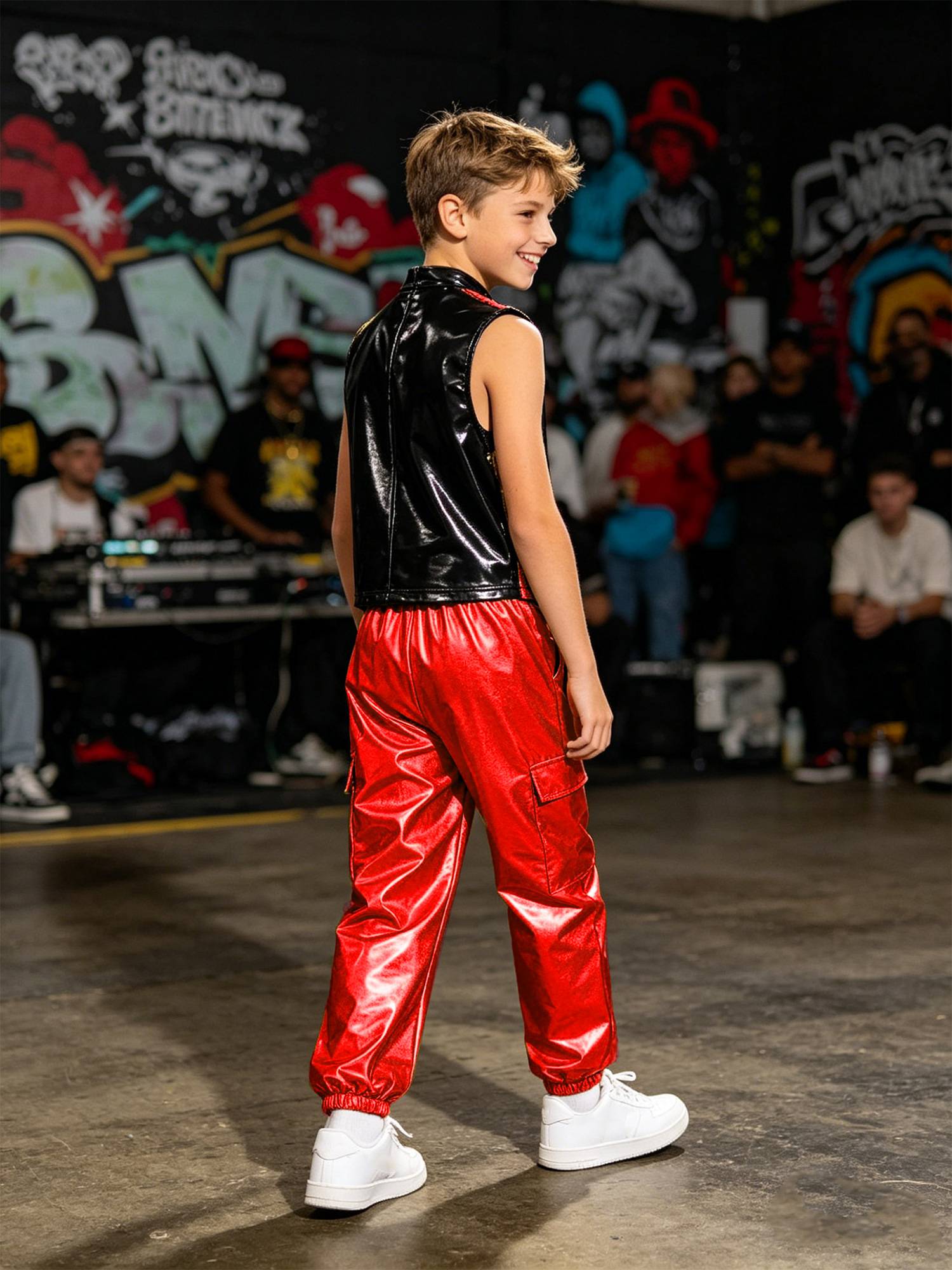 Boys Metallic Sequin Jazz Hip Hop Dance Set Sleeveless Top with Cargo Pants