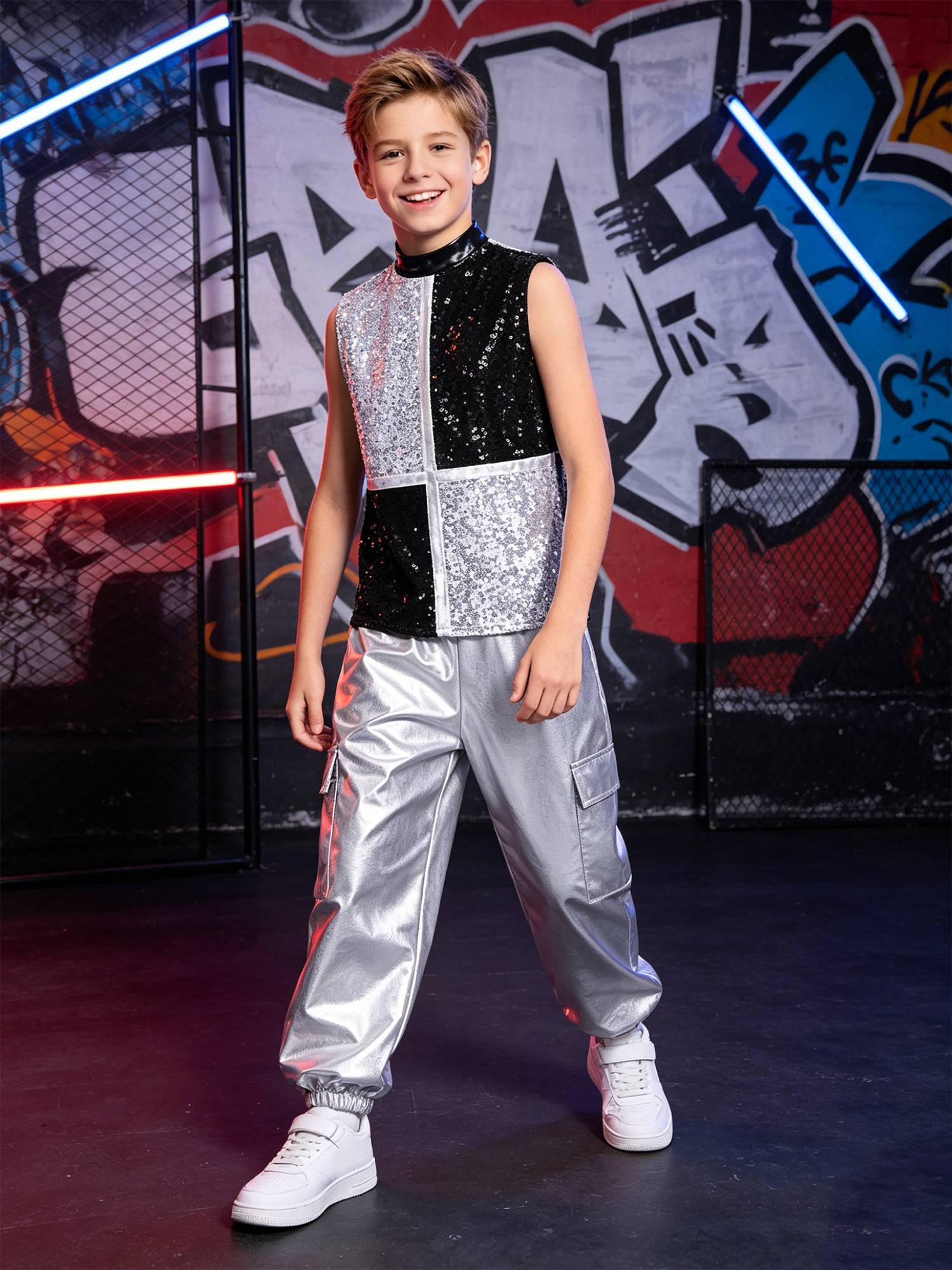 Boys Metallic Sequin Jazz Hip Hop Dance Set Sleeveless Top with Cargo Pants