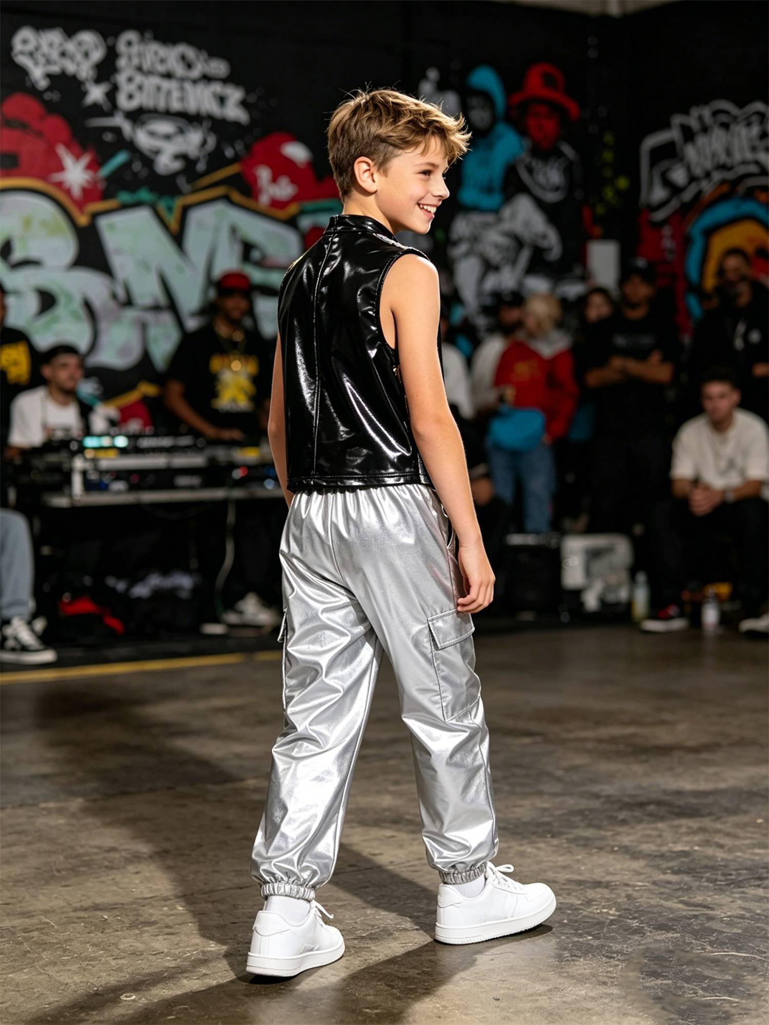 Boys Metallic Sequin Jazz Hip Hop Dance Set Sleeveless Top with Cargo Pants