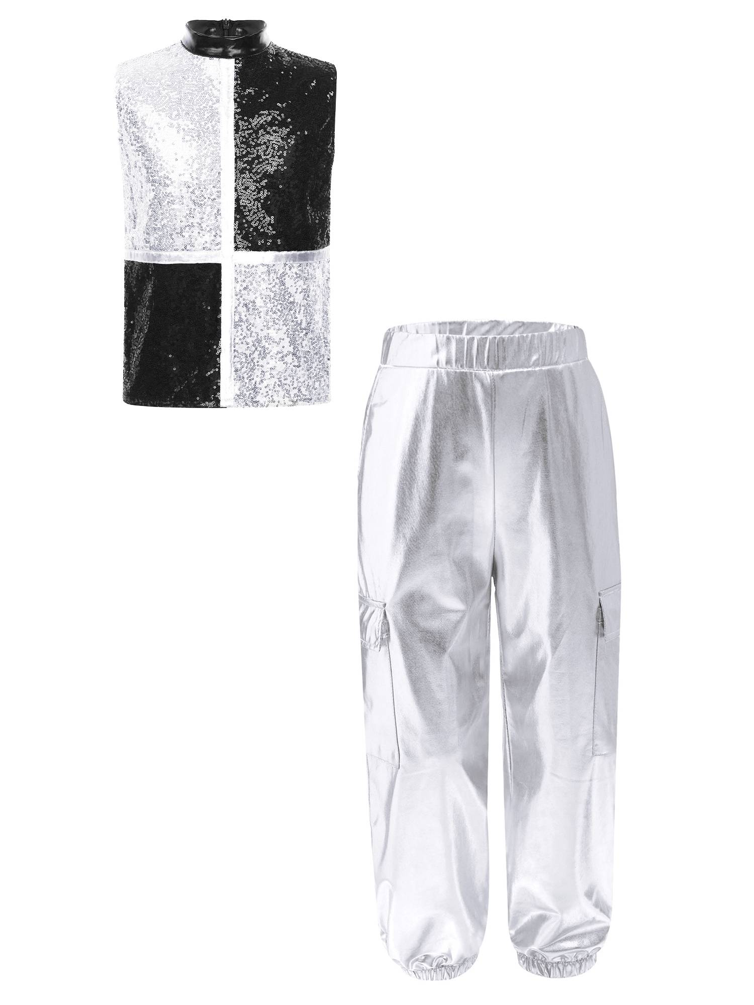 Boys Metallic Sequin Jazz Hip Hop Dance Set Sleeveless Top with Cargo Pants