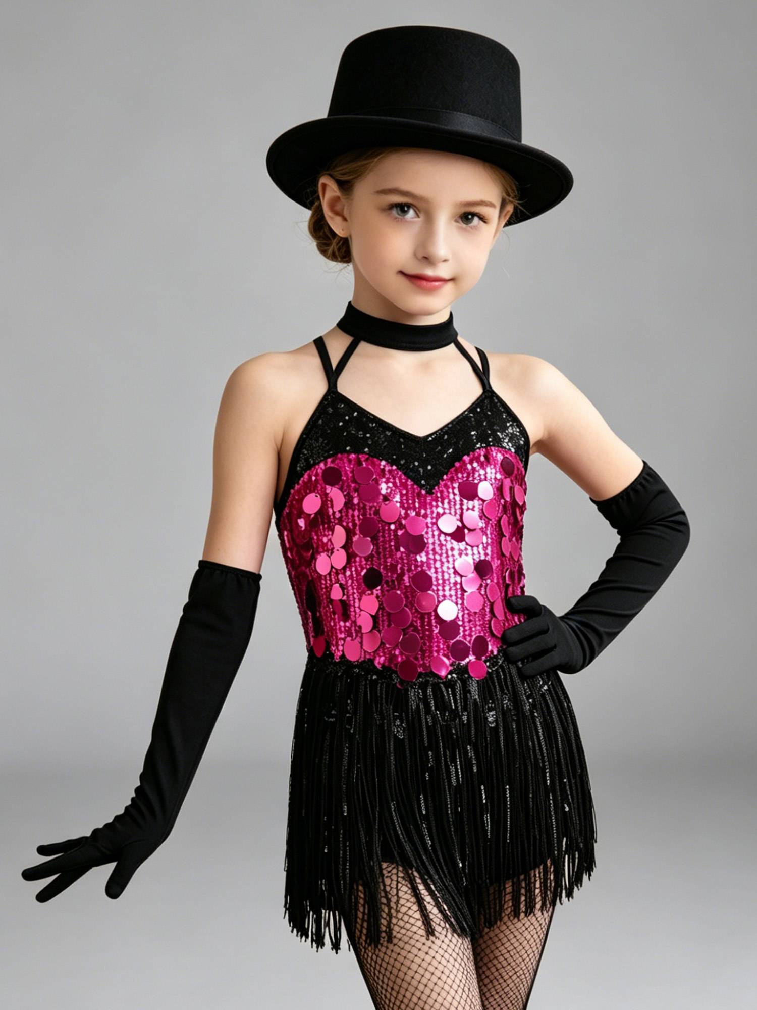 Girls Sequin Latin Fringe Dance Dress with Matching Gloves for Stage Competition