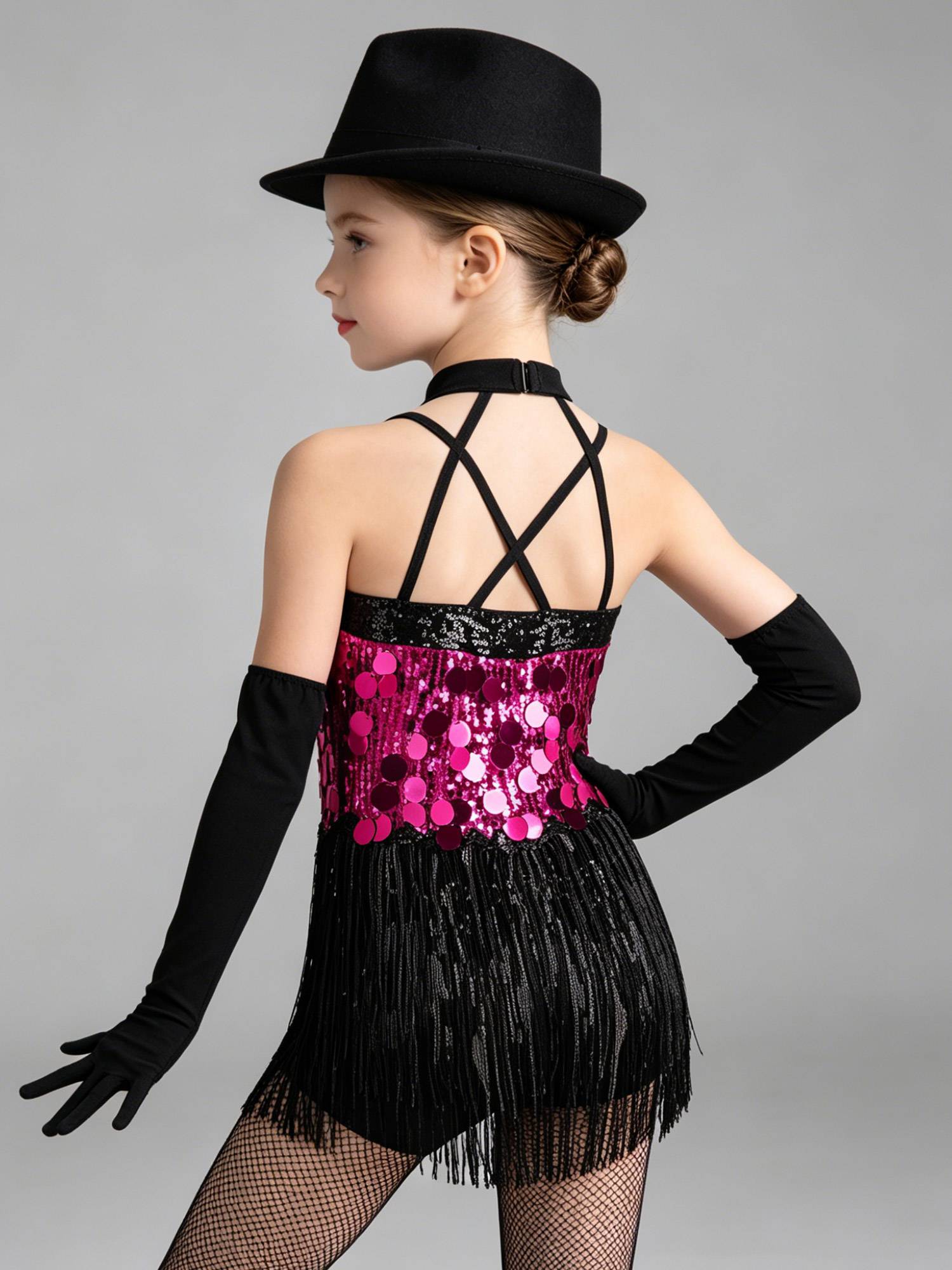 Girls Sequin Latin Fringe Dance Dress with Matching Gloves for Stage Competition