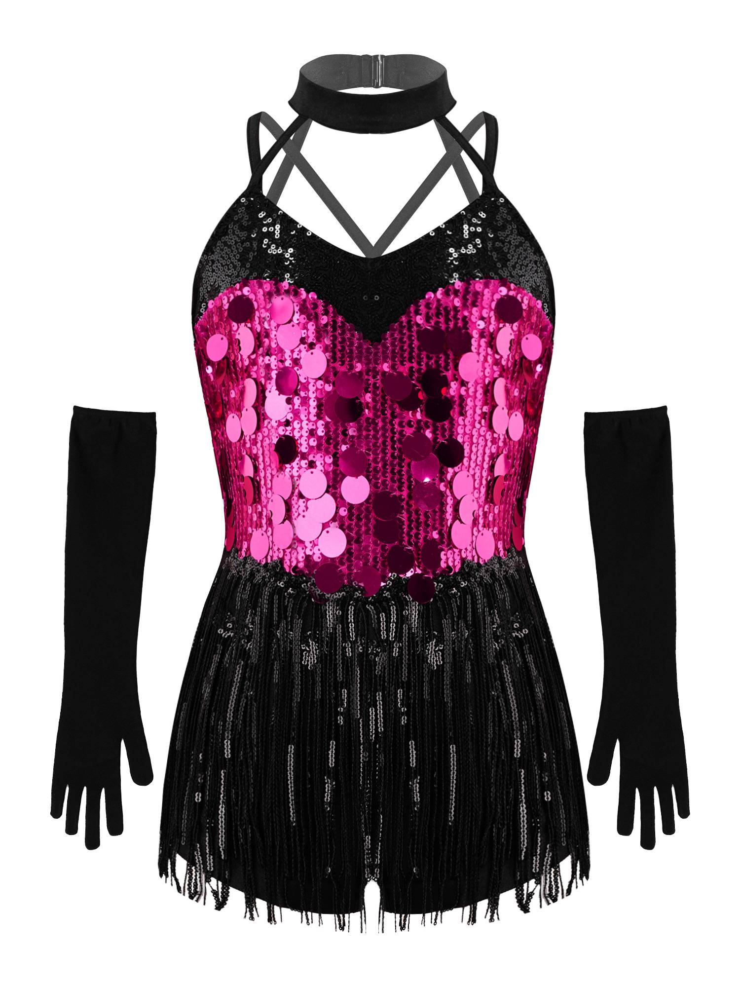 Girls Sequin Latin Fringe Dance Dress with Matching Gloves for Stage Competition