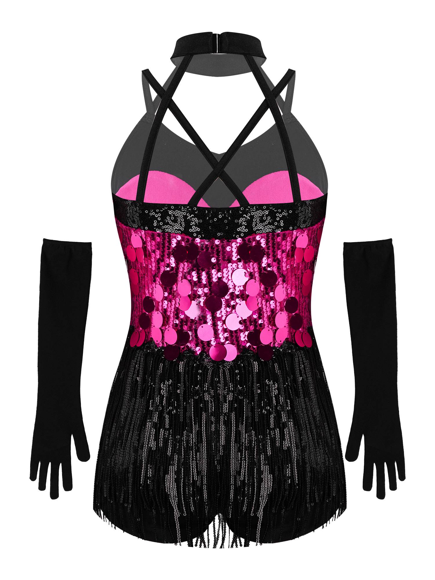 Girls Sequin Latin Fringe Dance Dress with Matching Gloves for Stage Competition