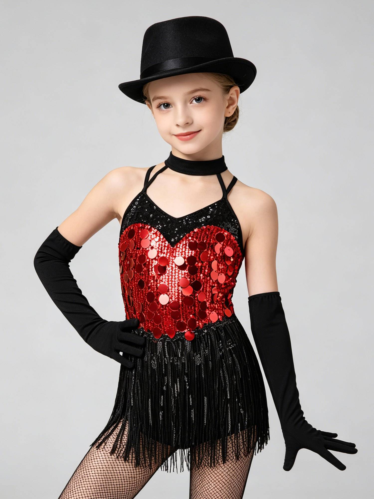 Girls Sequin Latin Fringe Dance Dress with Matching Gloves for Stage Competition