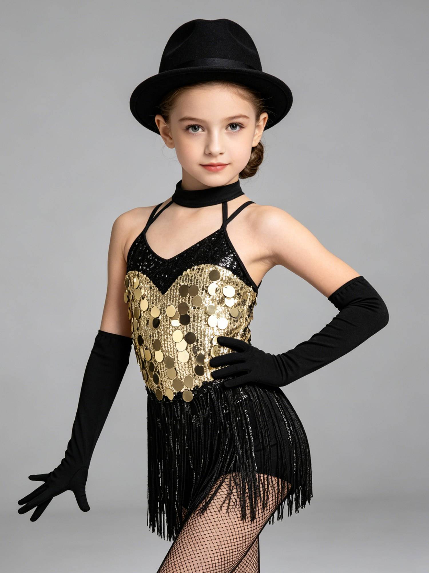 Girls Sequin Latin Fringe Dance Dress with Matching Gloves for Stage Competition