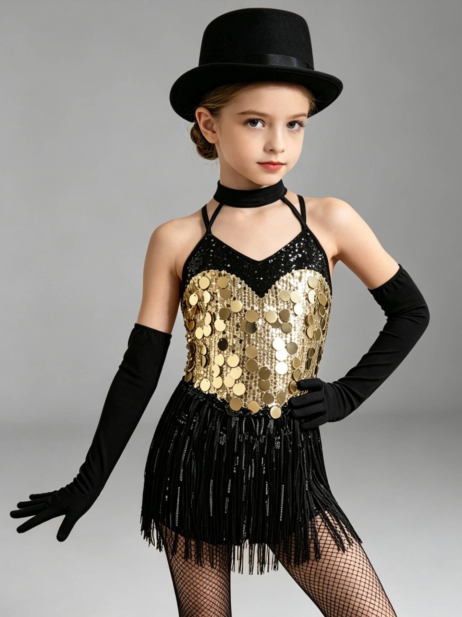 Girls Sequin Latin Fringe Dance Dress with Matching Gloves for Stage Competition