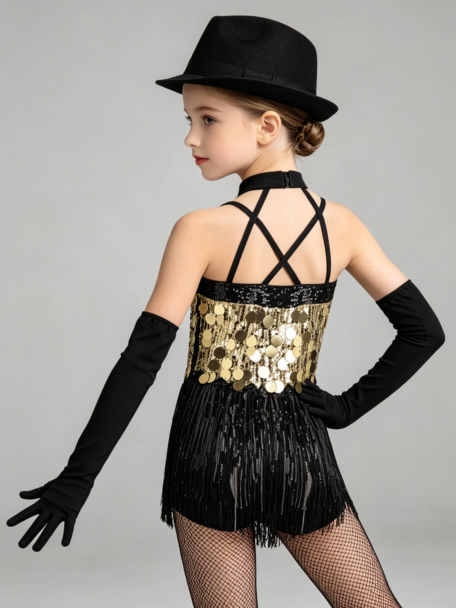 Girls Sequin Latin Fringe Dance Dress with Matching Gloves for Stage Competition