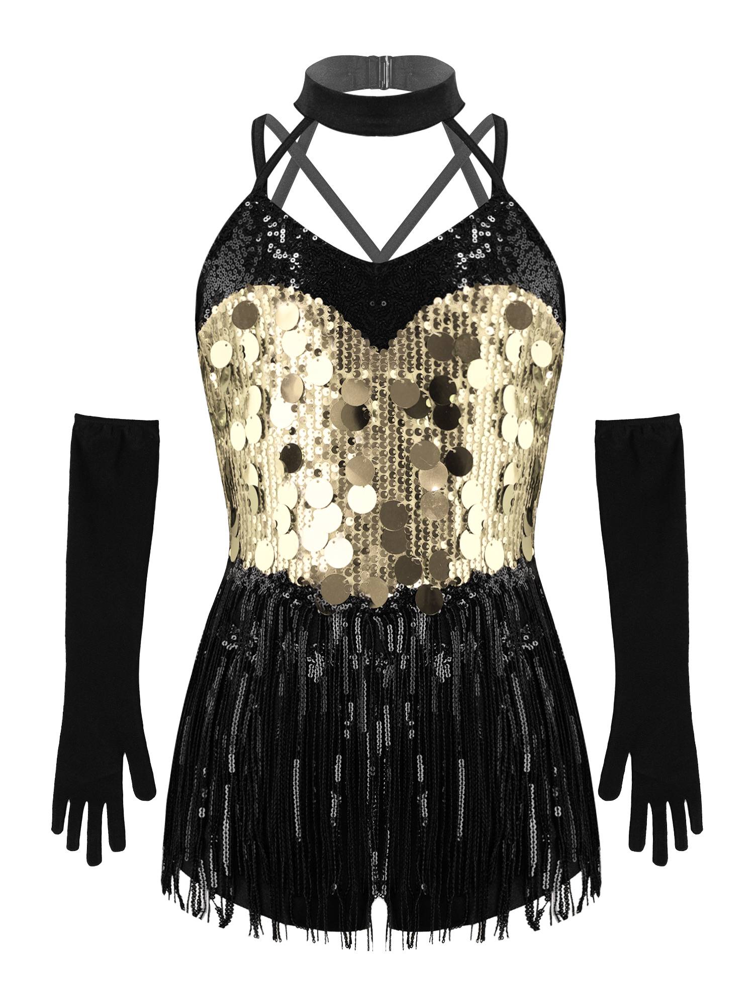 Girls Sequin Latin Fringe Dance Dress with Matching Gloves for Stage Competition