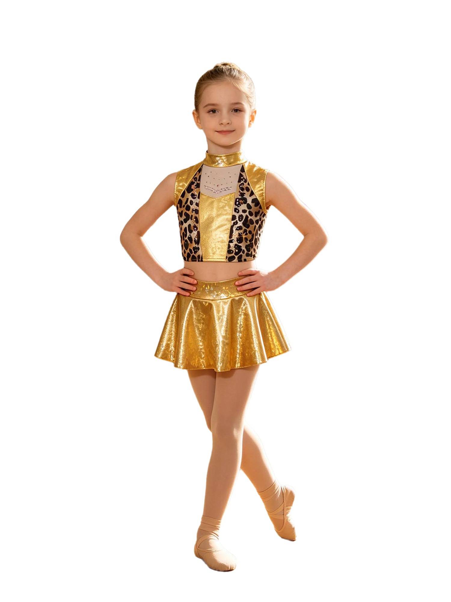 Girls Metallic Leopard Jazz Dance 2-Piece Set Top with Skirt for Recitals, Stage