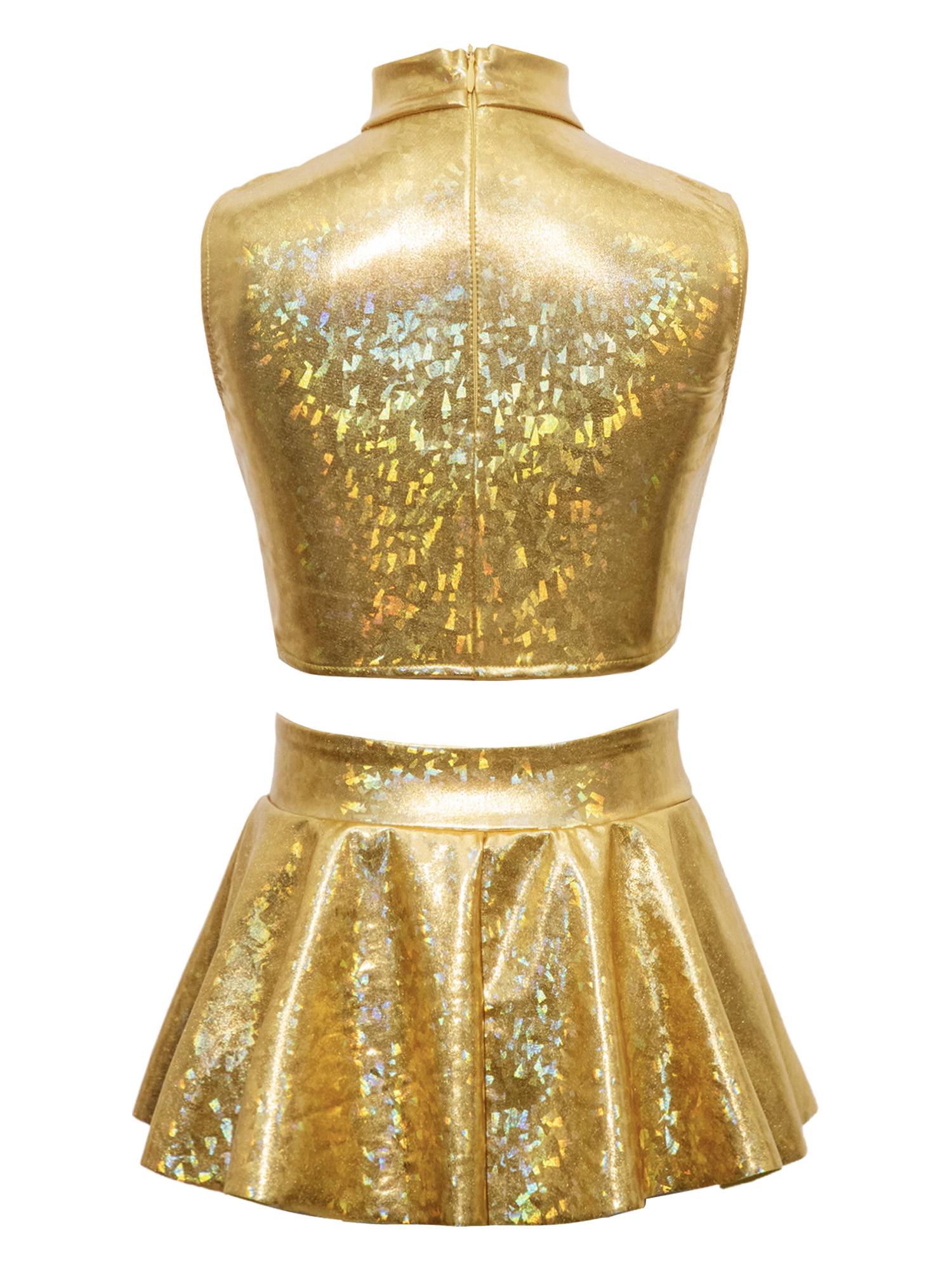Girls Metallic Leopard Jazz Dance 2-Piece Set Top with Skirt for Recitals, Stage