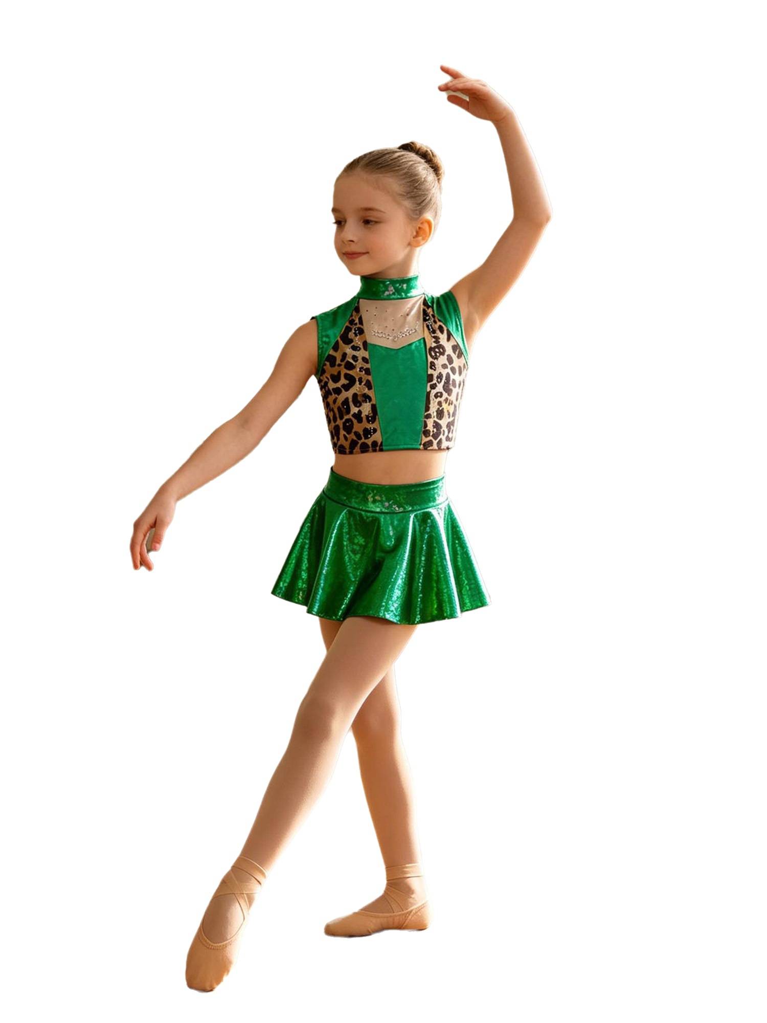 Girls Metallic Leopard Jazz Dance 2-Piece Set Top with Skirt for Recitals, Stage