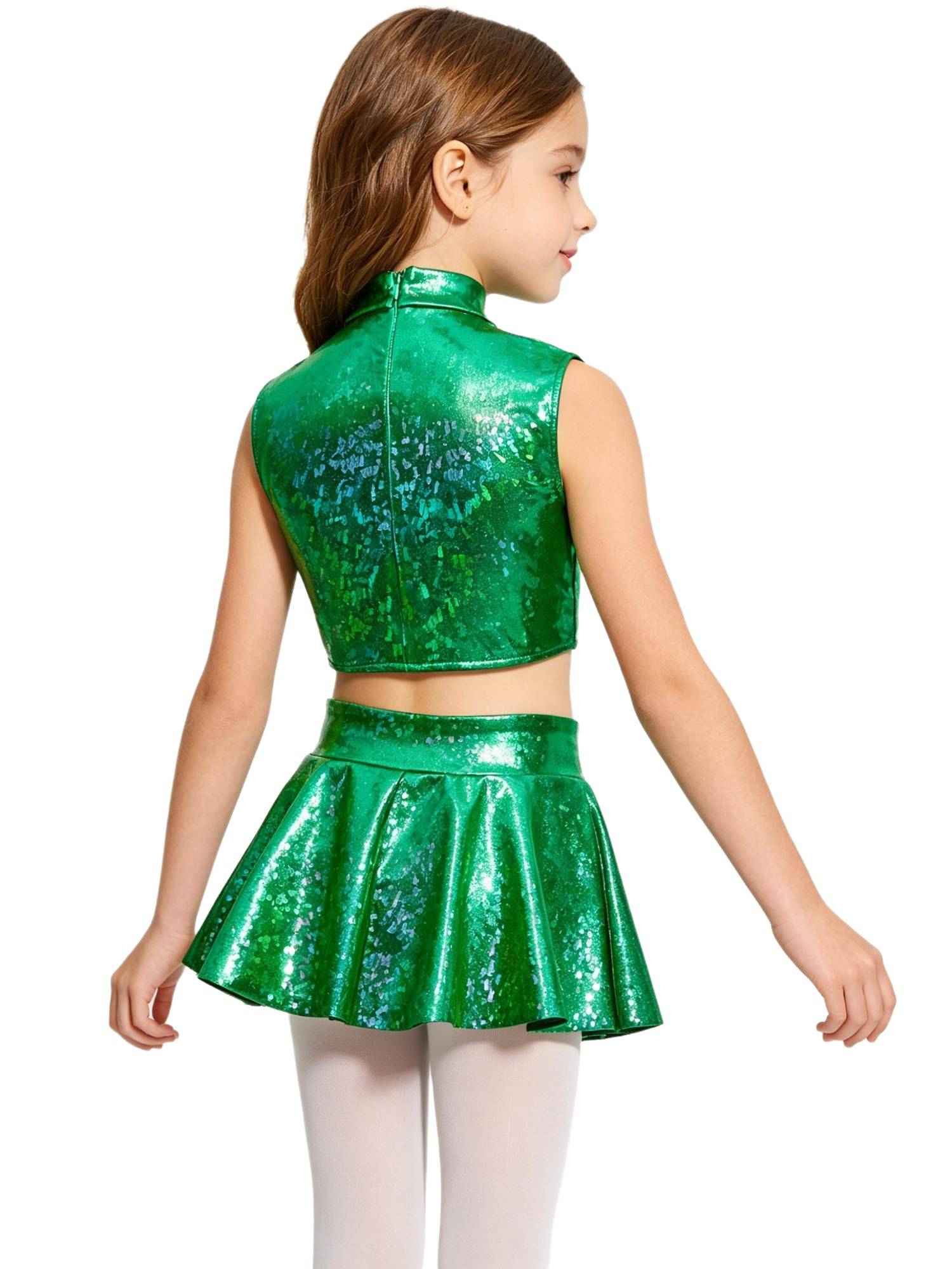 Girls Metallic Leopard Jazz Dance 2-Piece Set Top with Skirt for Recitals, Stage