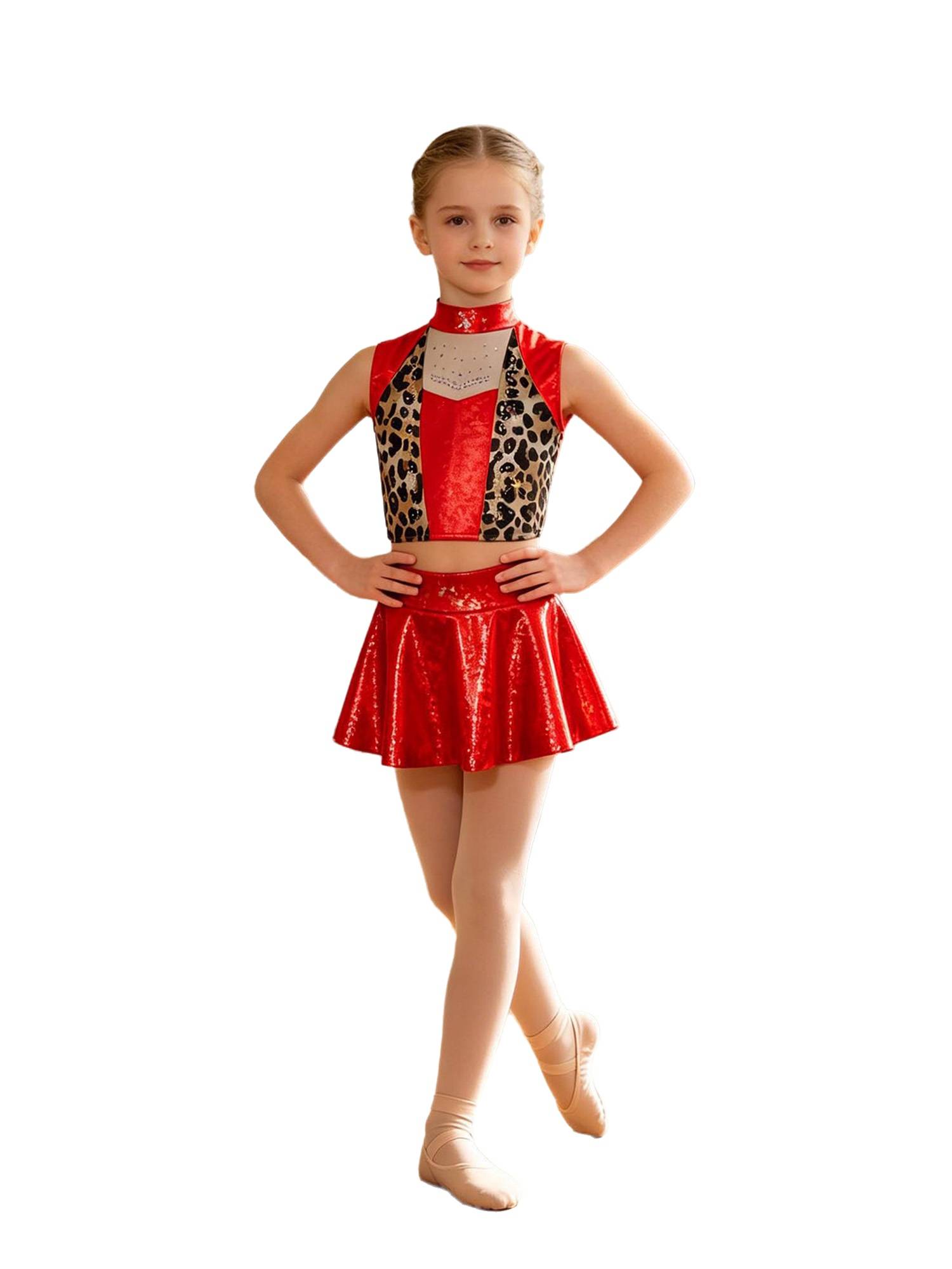 Girls Metallic Leopard Jazz Dance 2-Piece Set Top with Skirt for Recitals, Stage