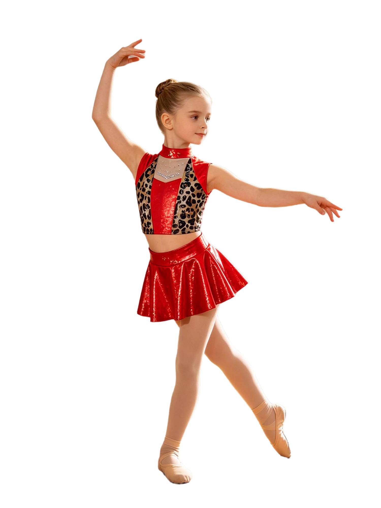 Girls Metallic Leopard Jazz Dance 2-Piece Set Top with Skirt for Recitals, Stage
