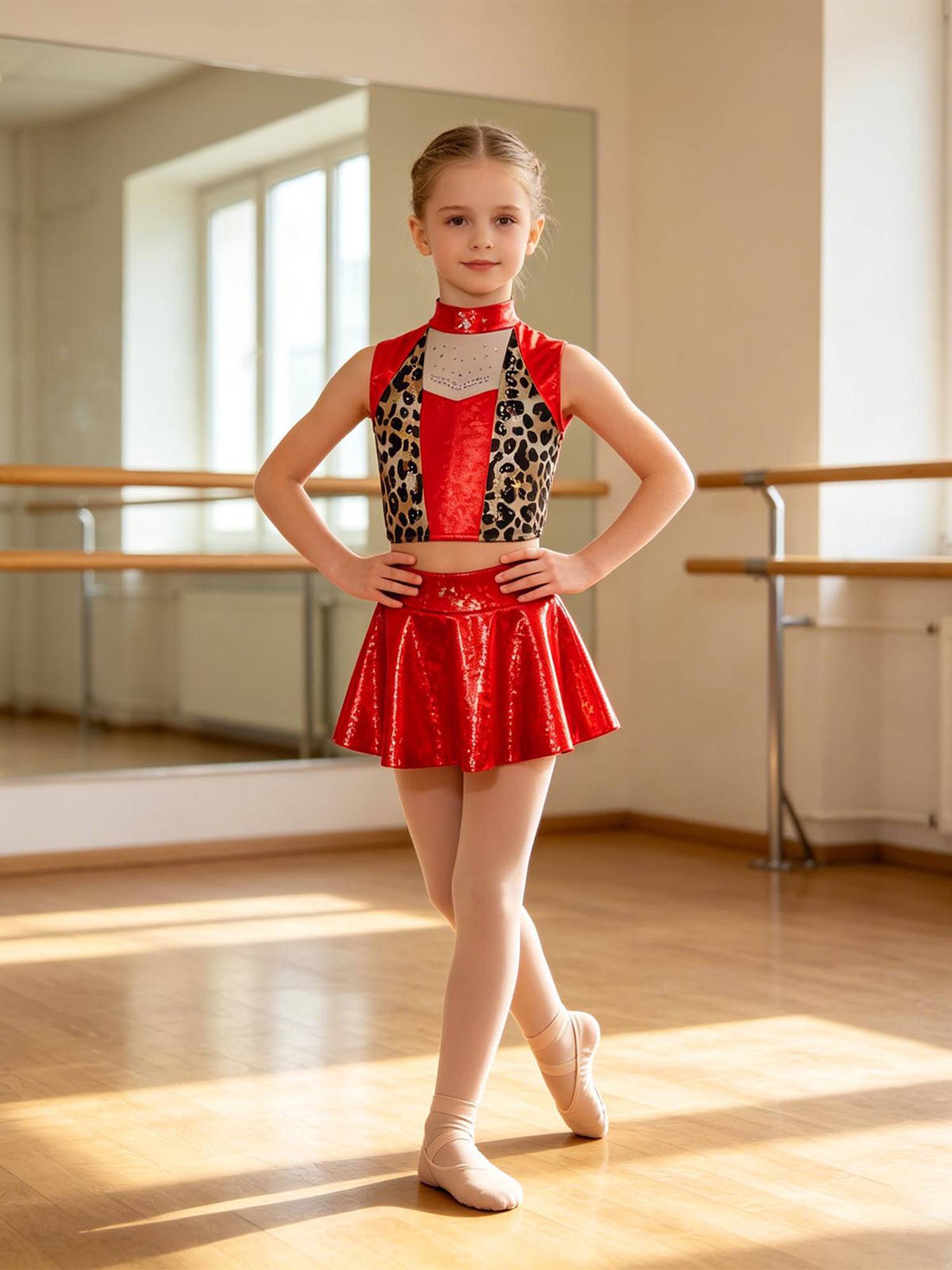 Girls Metallic Leopard Jazz Dance 2-Piece Set Top with Skirt for Recitals, Stage