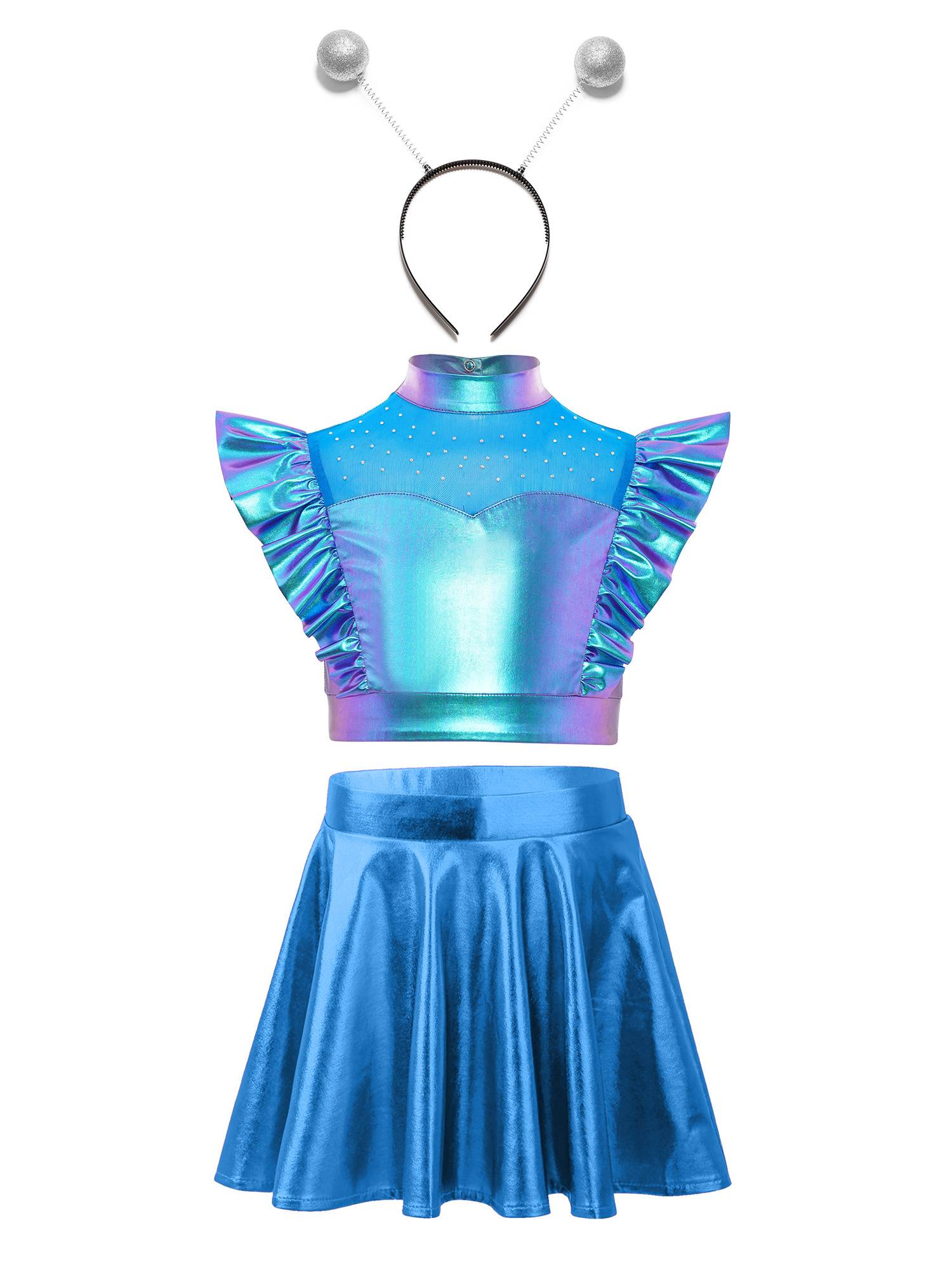 Kids Girls Outfit Metallic Costume Carnival Set Dancewear Cosplay Stage Alien