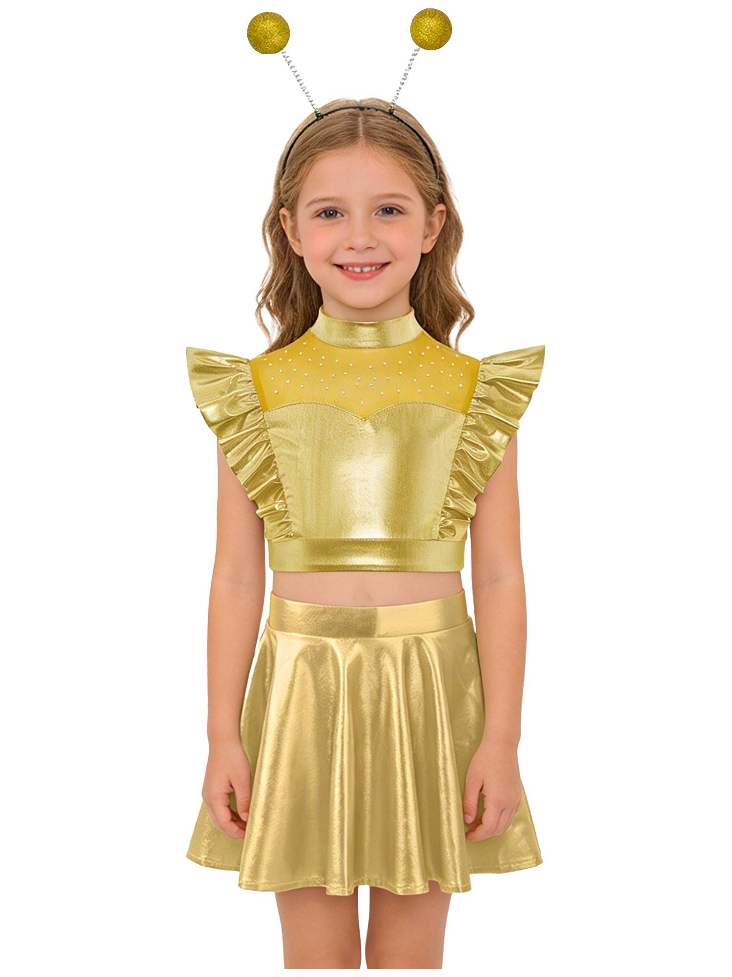 Kids Girls Outfit Metallic Costume Carnival Set Dancewear Cosplay Stage Alien