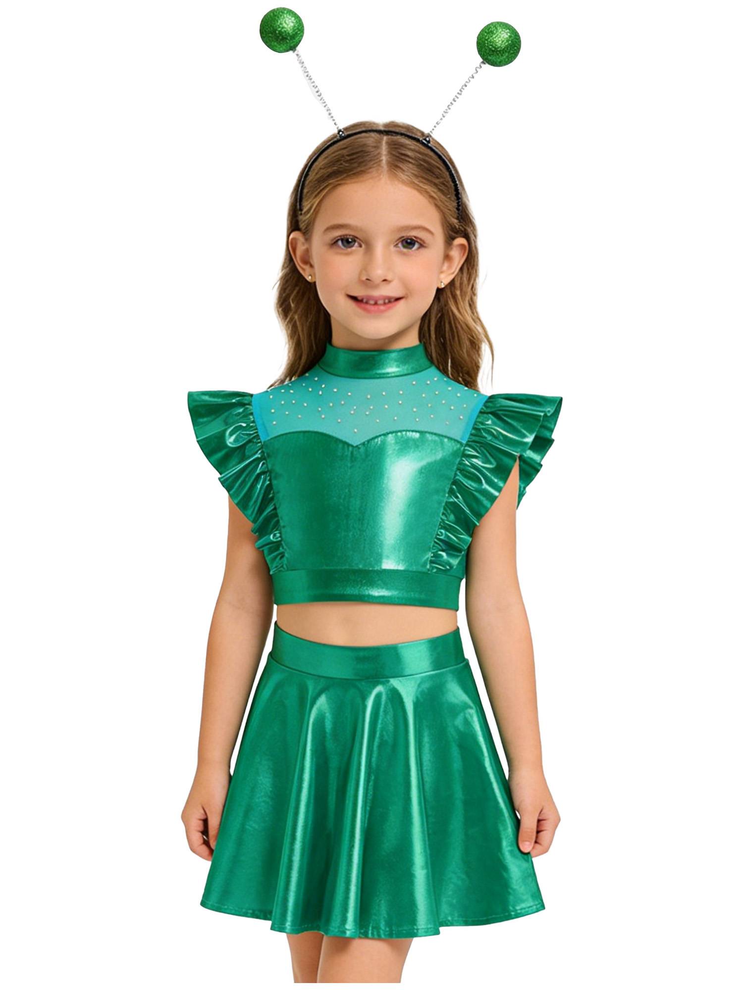 Kids Girls Outfit Metallic Costume Carnival Set Dancewear Cosplay Stage Alien