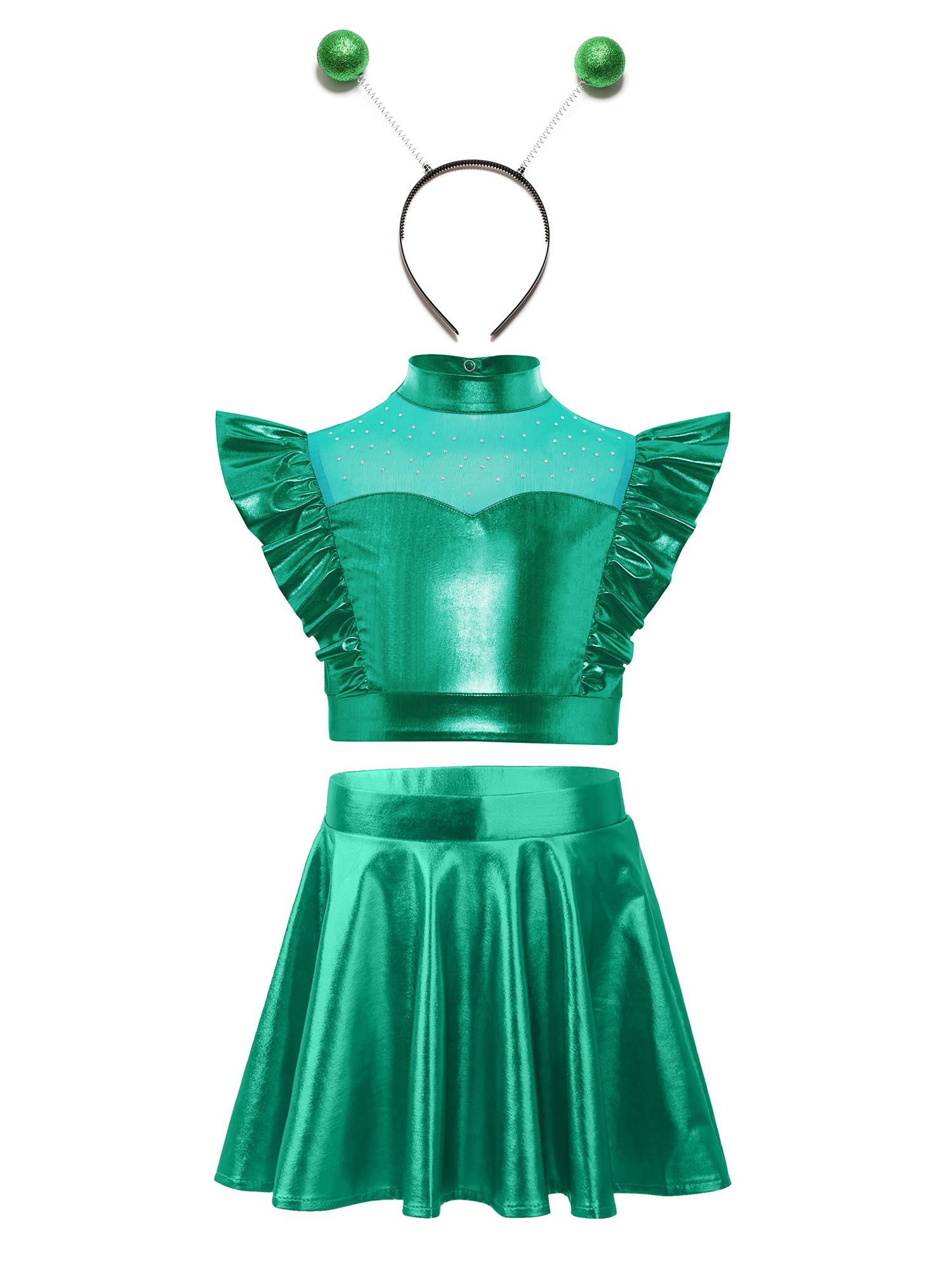 Kids Girls Outfit Metallic Costume Carnival Set Dancewear Cosplay Stage Alien