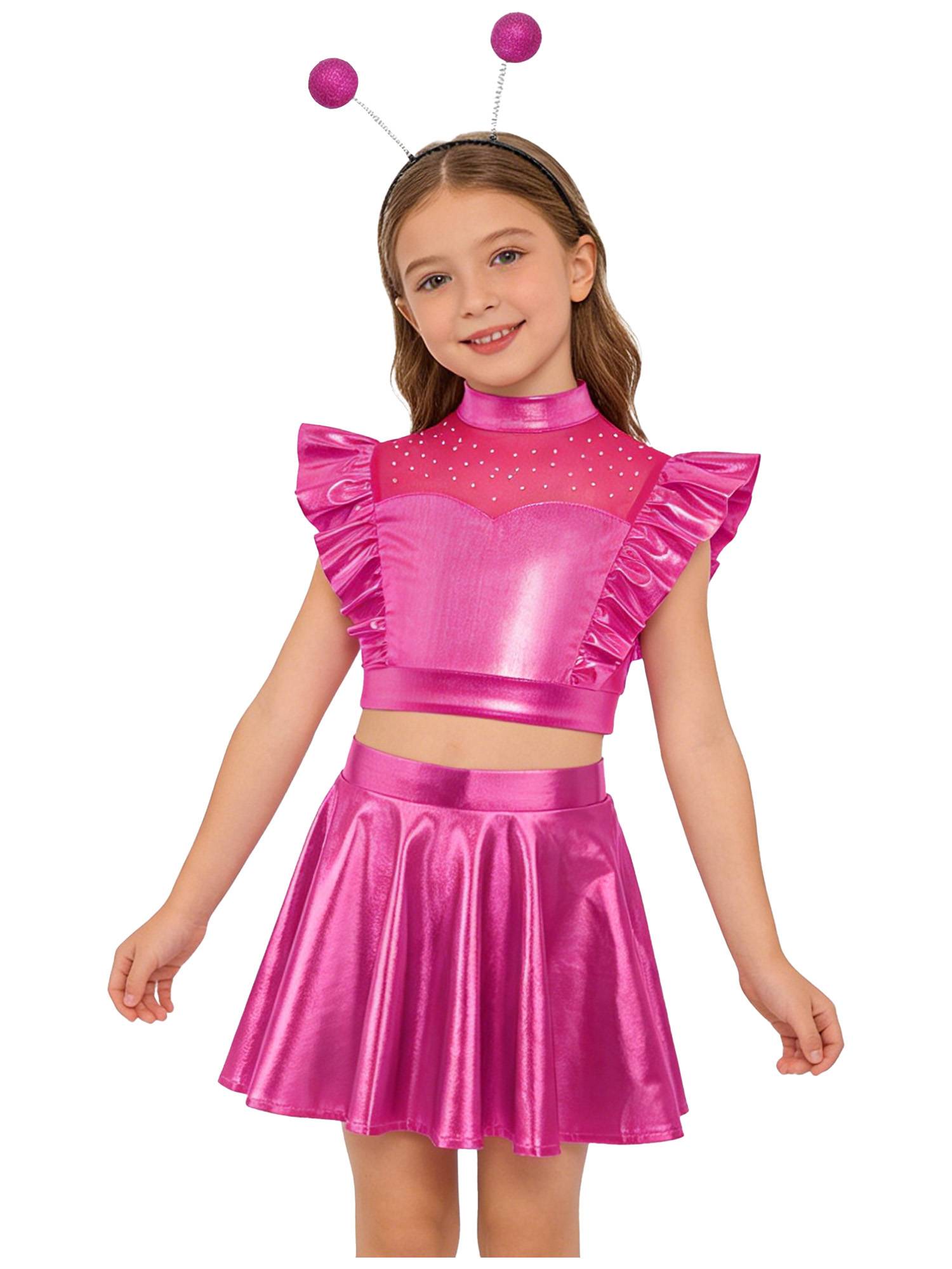 Kids Girls Outfit Metallic Costume Carnival Set Dancewear Cosplay Stage Alien