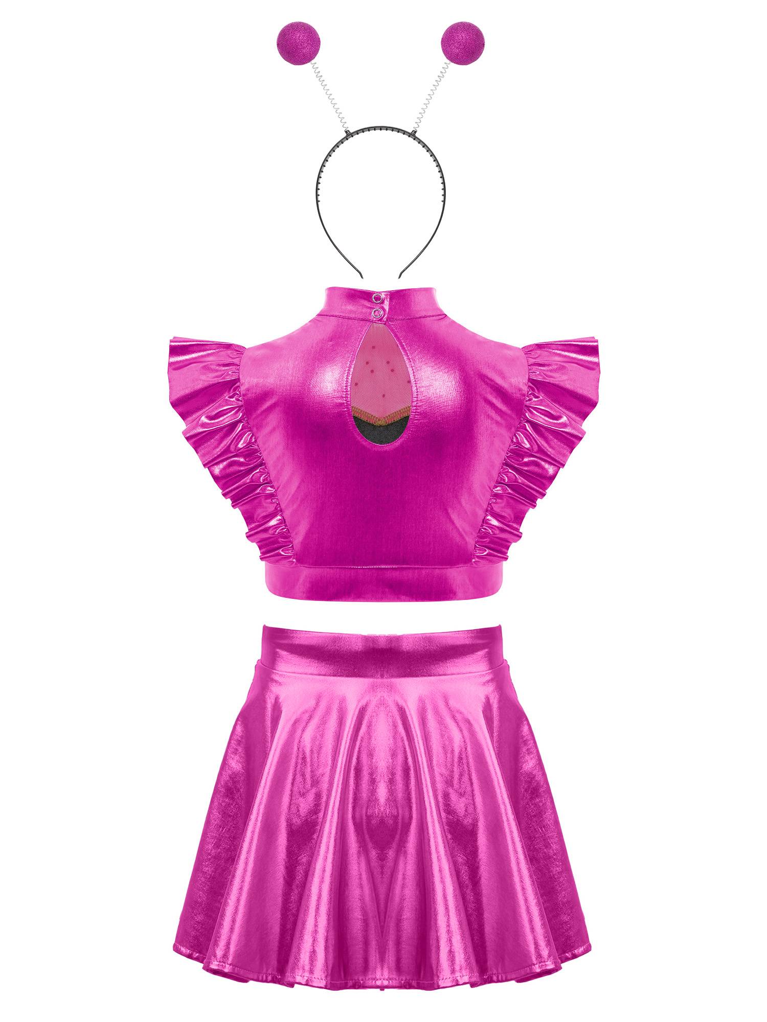 Kids Girls Outfit Metallic Costume Carnival Set Dancewear Cosplay Stage Alien