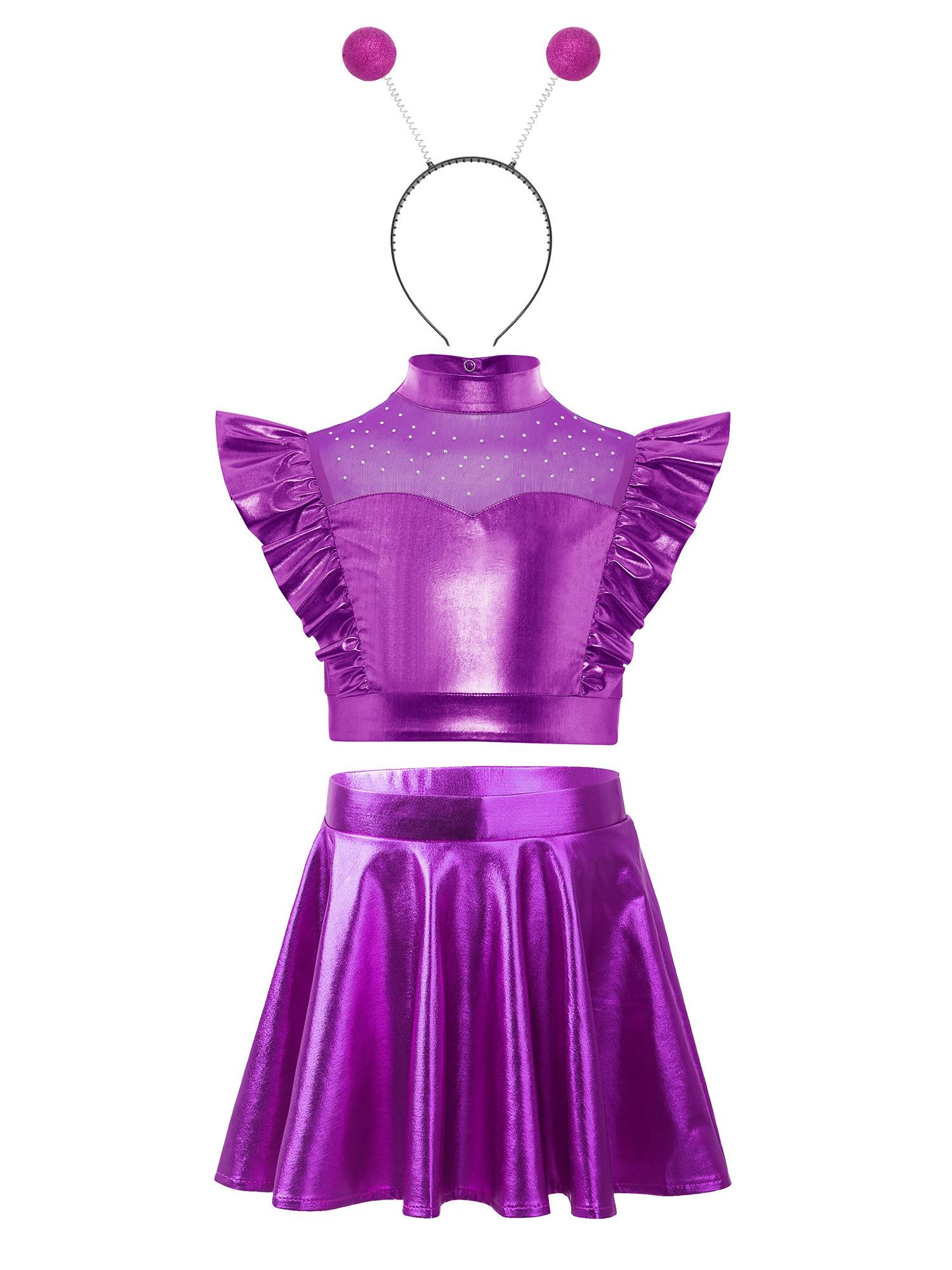 Kids Girls Outfit Metallic Costume Carnival Set Dancewear Cosplay Stage Alien