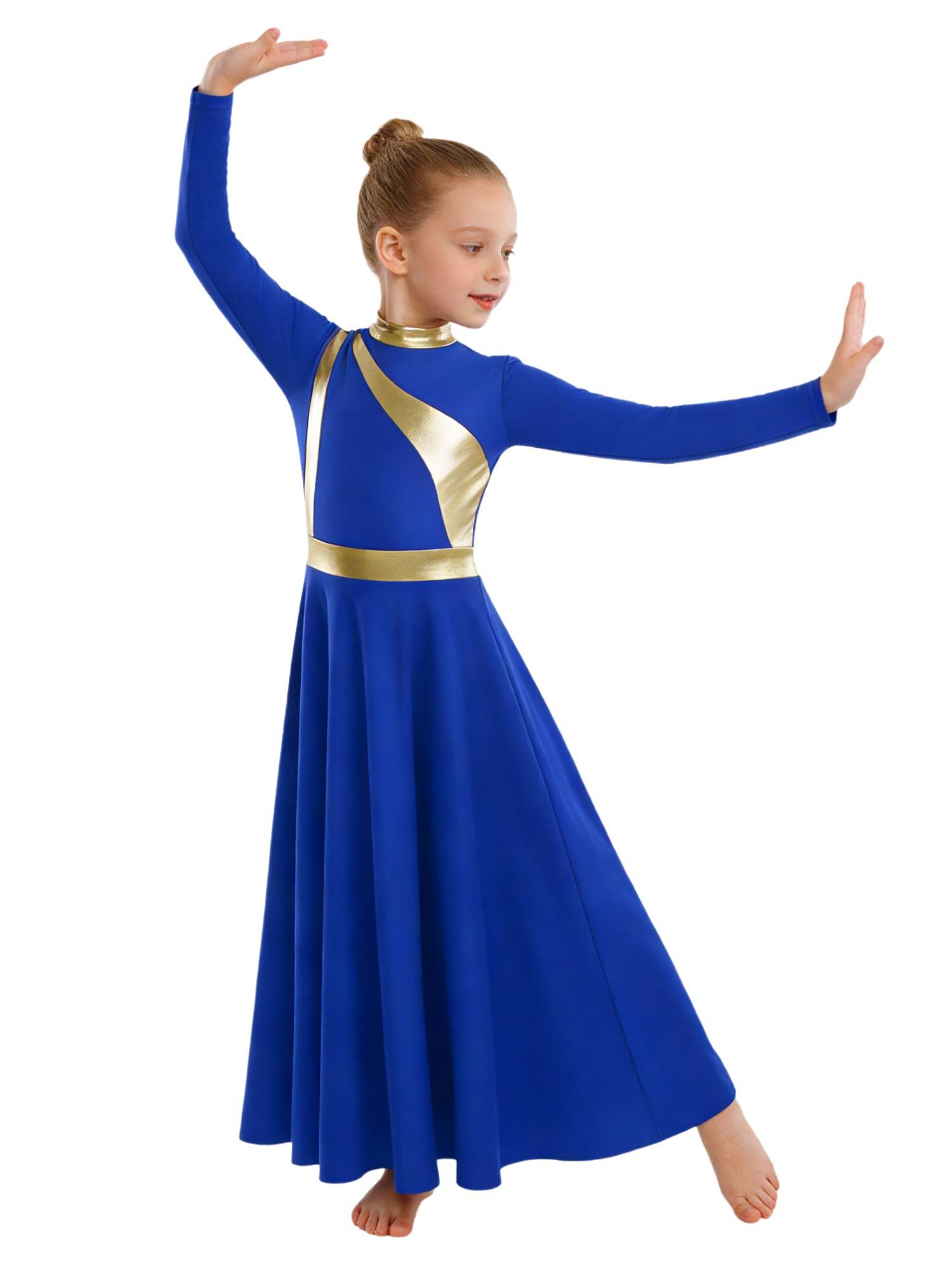 Girls Liturgical Praise Dance Dress Metallic Lyrical Maxi Gown for Church Choir