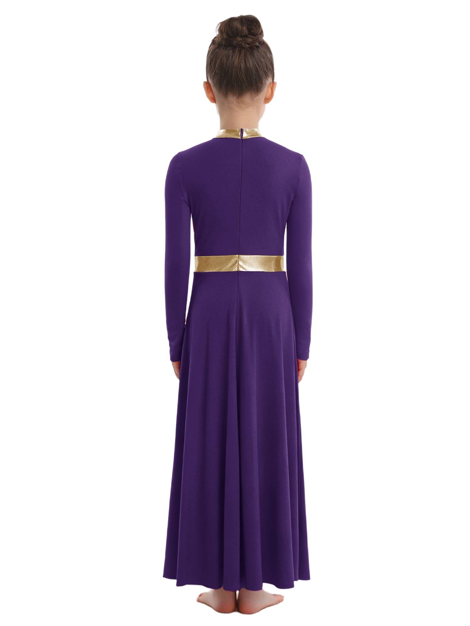 Girls Liturgical Praise Dance Dress Metallic Lyrical Maxi Gown for Church Choir