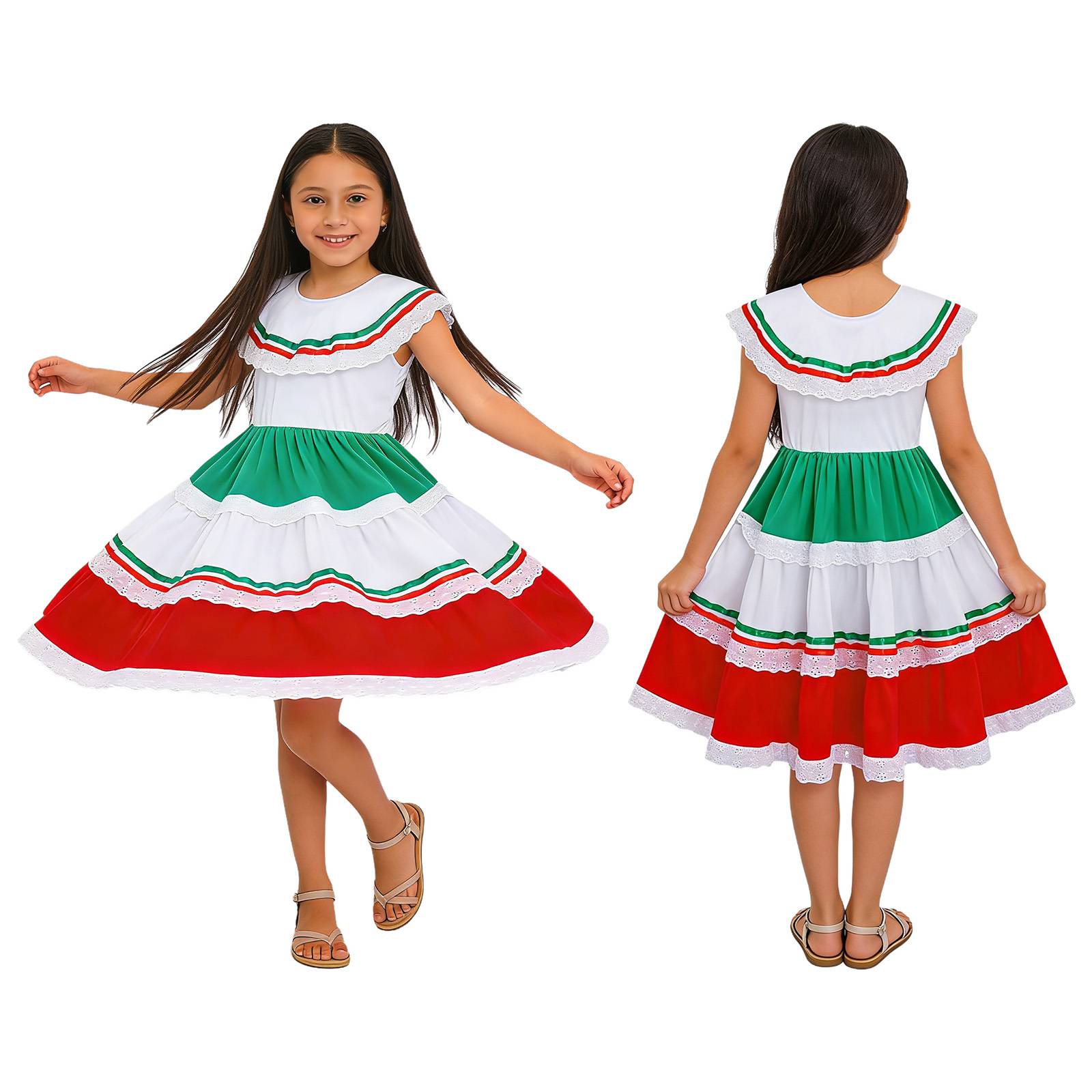 Girls Fiesta Dress Flared Folk Dress Lightweight Lace Edge Kids Tiered Dress