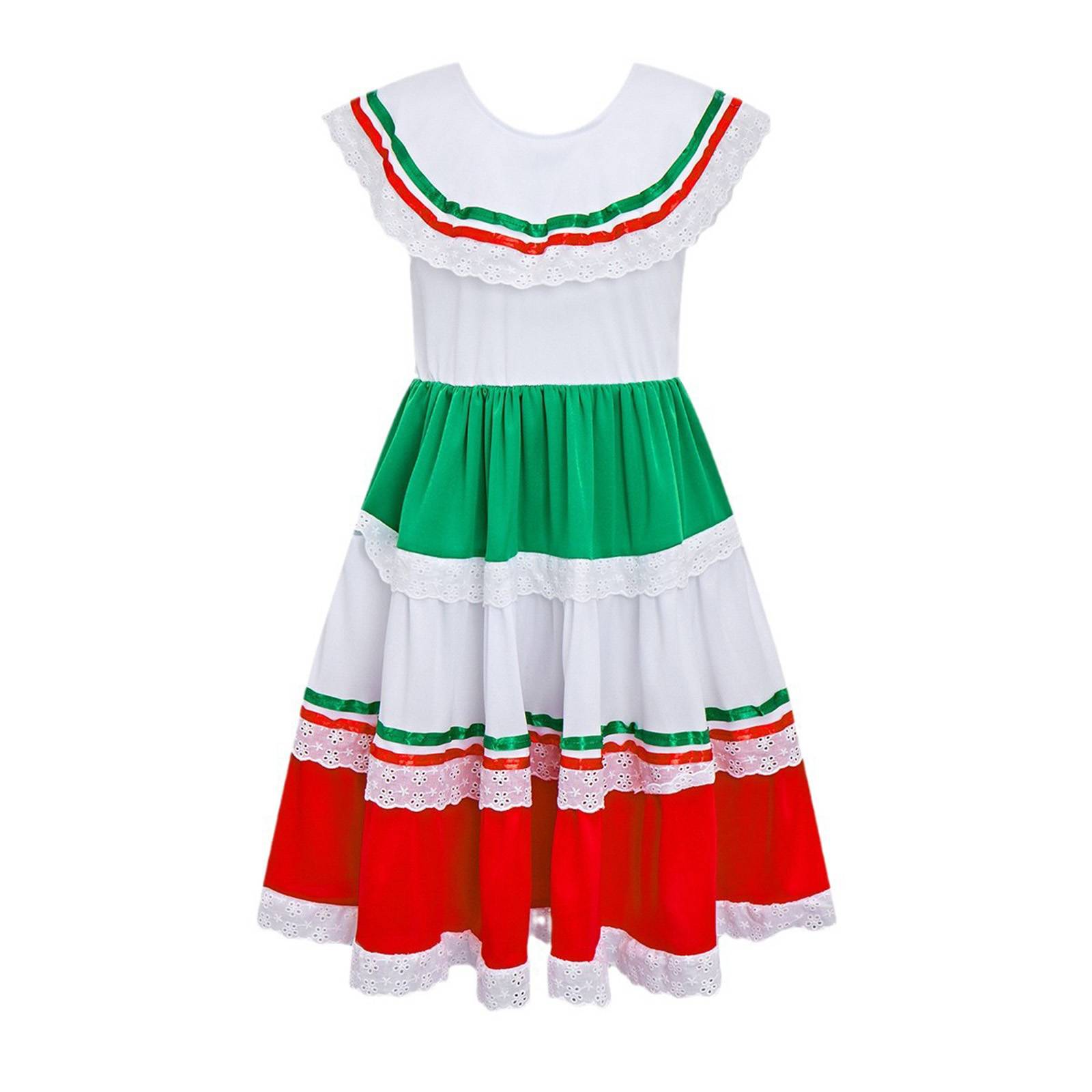 Girls Fiesta Dress Flared Folk Dress Lightweight Lace Edge Kids Tiered Dress