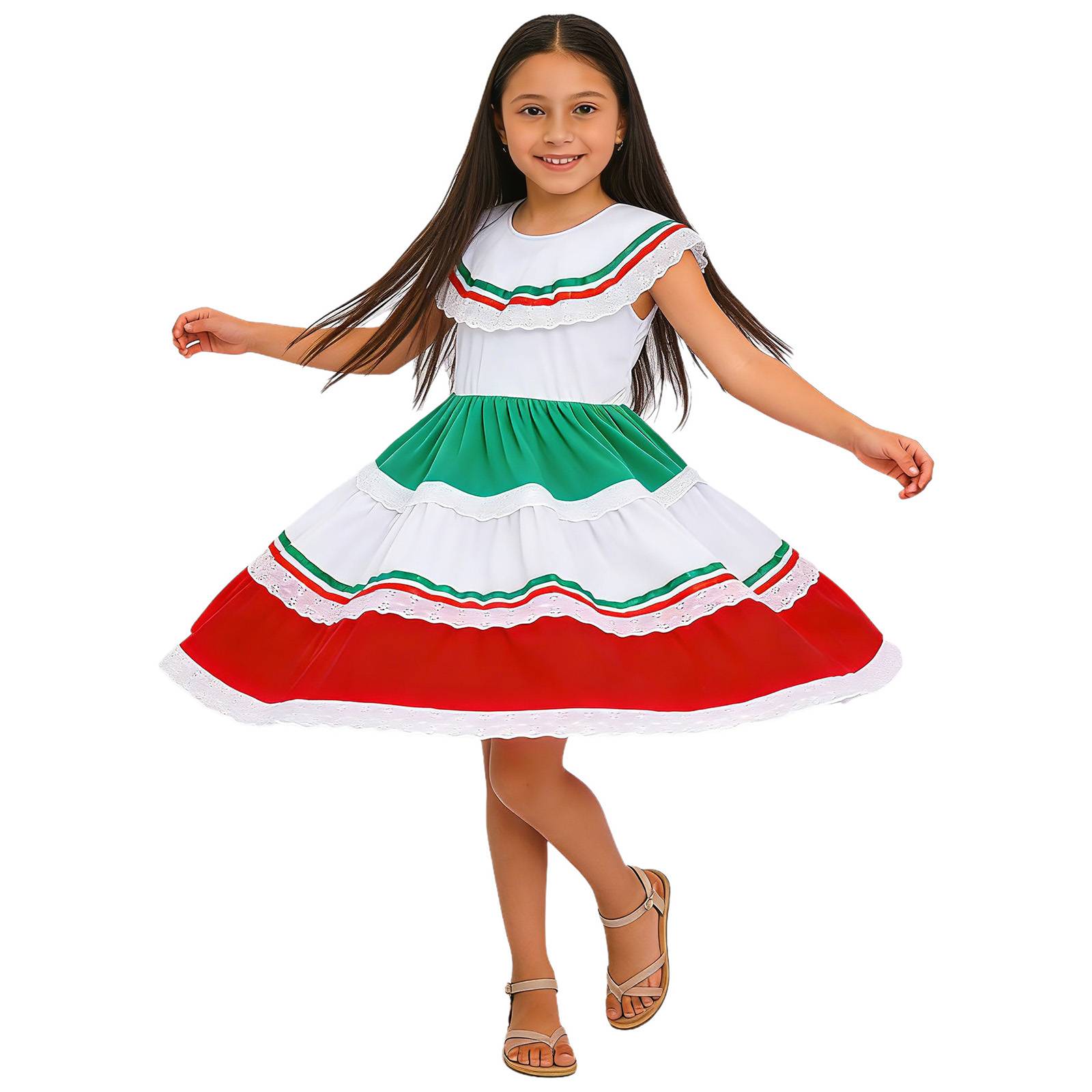 Girls Fiesta Dress Flared Folk Dress Lightweight Lace Edge Kids Tiered Dress