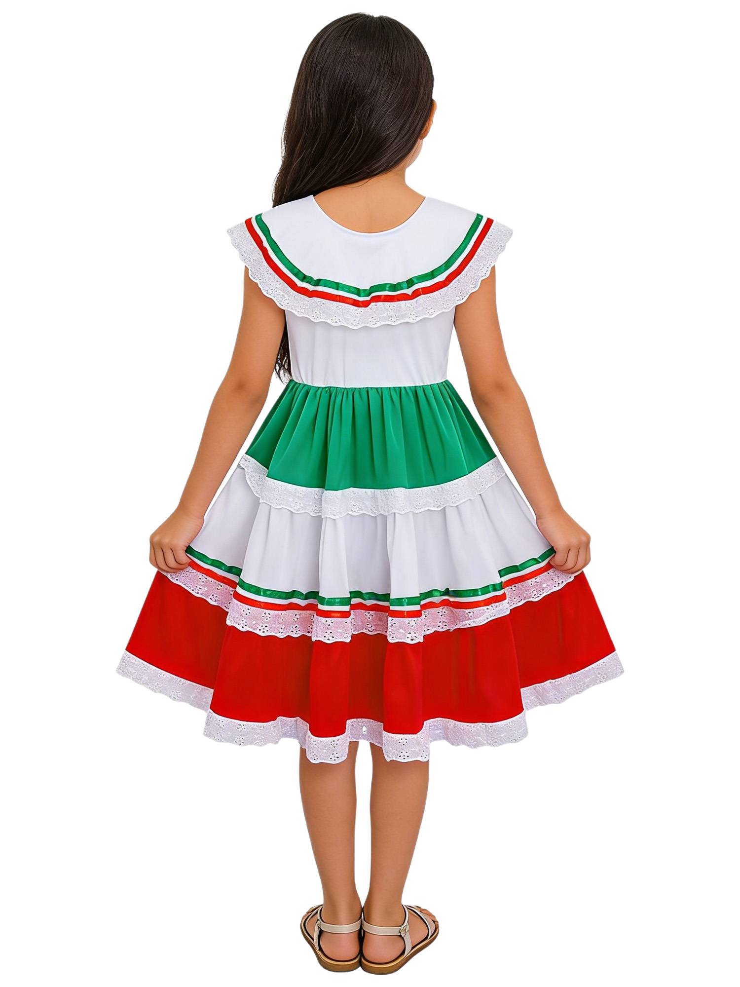 Girls Fiesta Dress Flared Folk Dress Lightweight Lace Edge Kids Tiered Dress