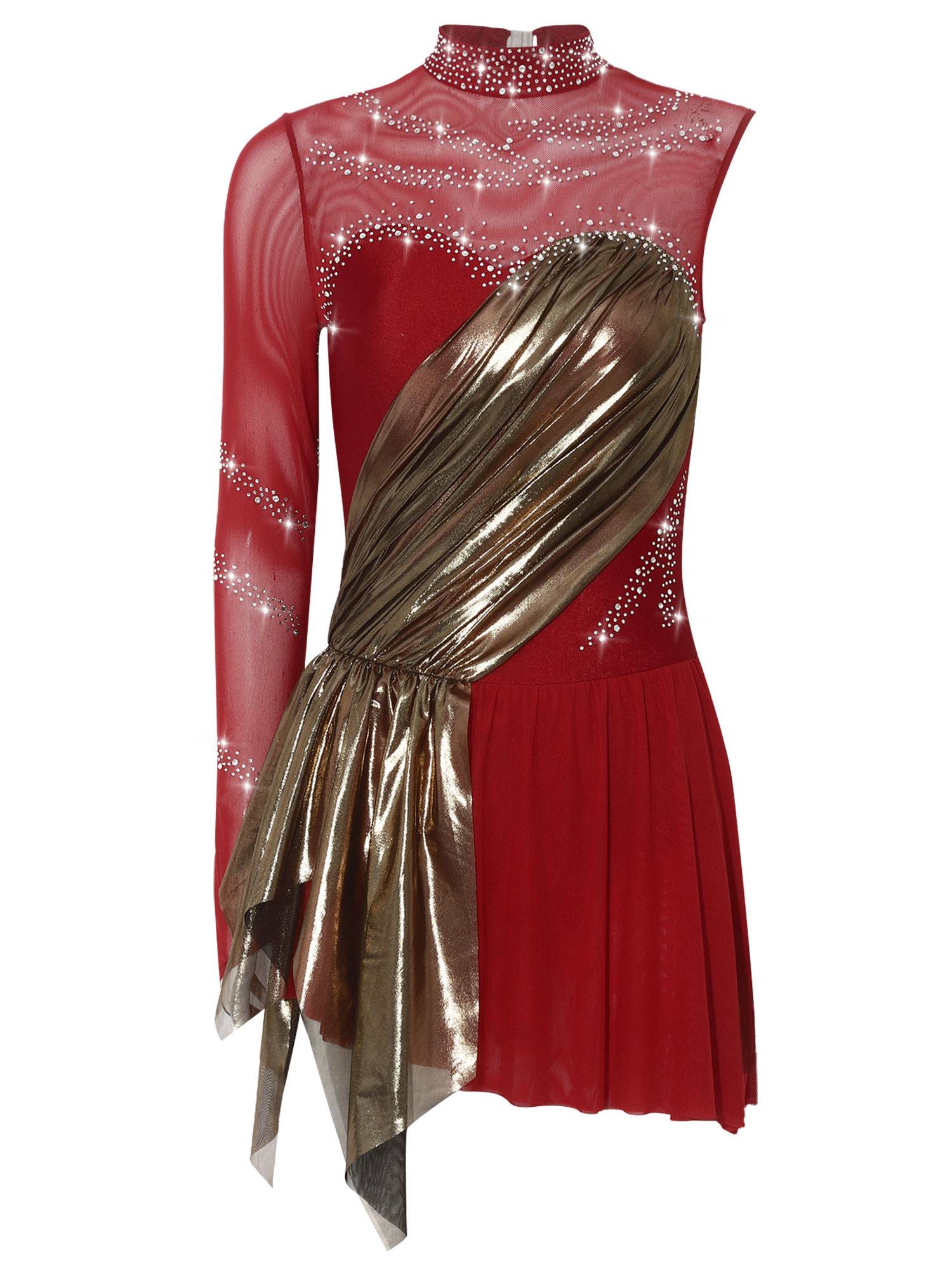 Women Mock Neck Metallic Figure Skating Dress for Competitions