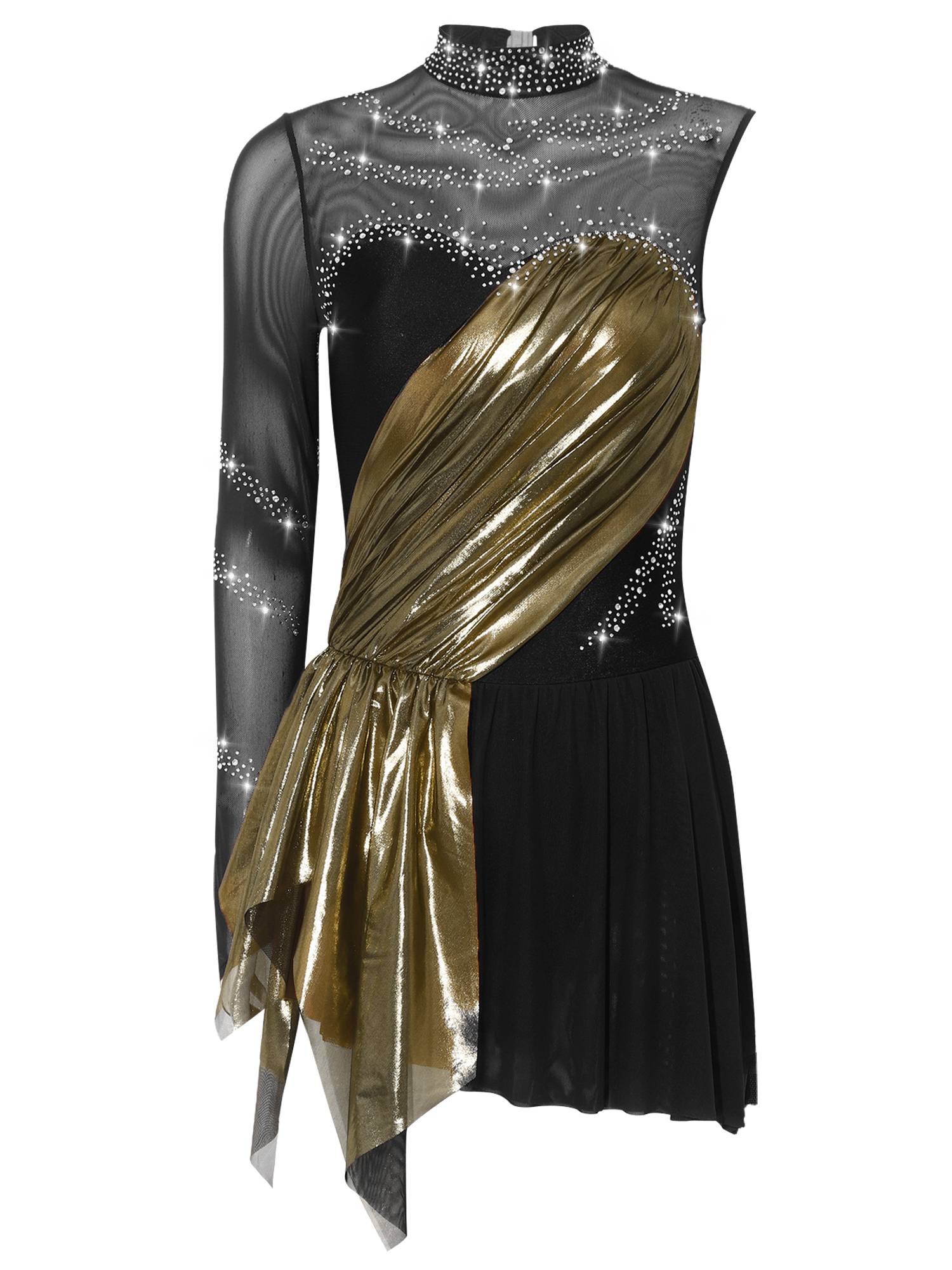 Women Mock Neck Metallic Figure Skating Dress for Competitions
