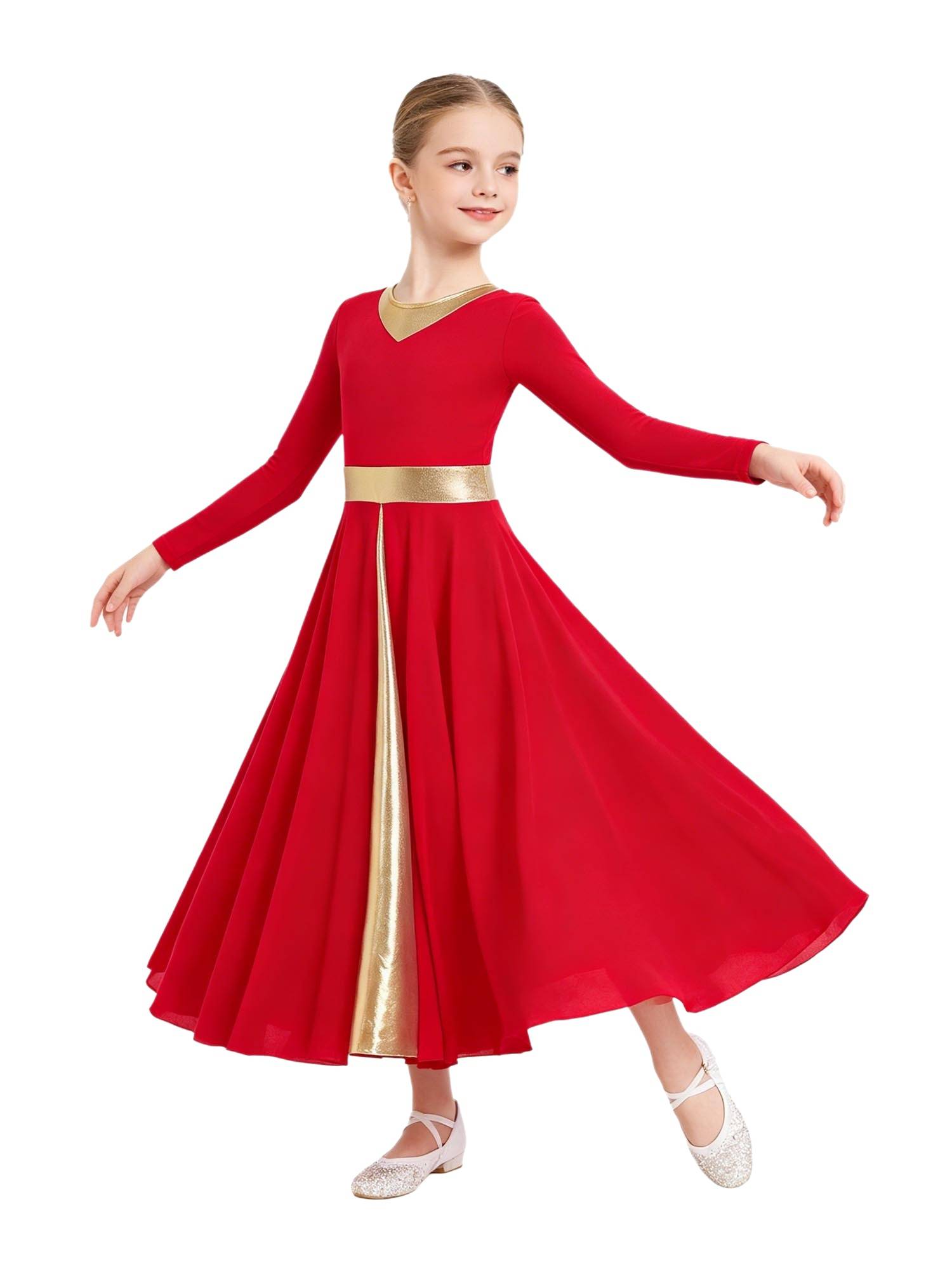 Girls Liturgical Praise Dance Dress Metallic Maxi Robe for Church Worship, Choir