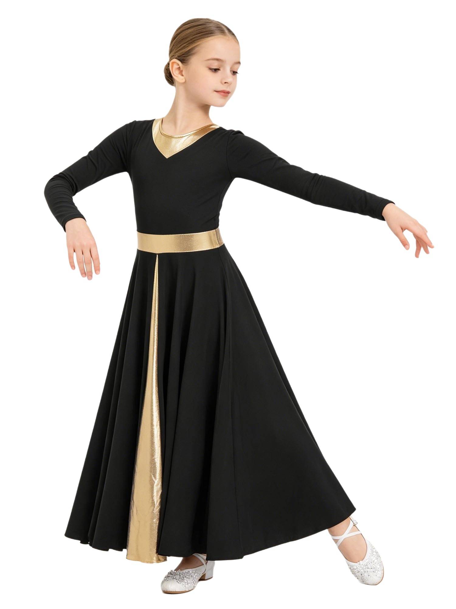 Girls Liturgical Praise Dance Dress Metallic Maxi Robe for Church Worship, Choir
