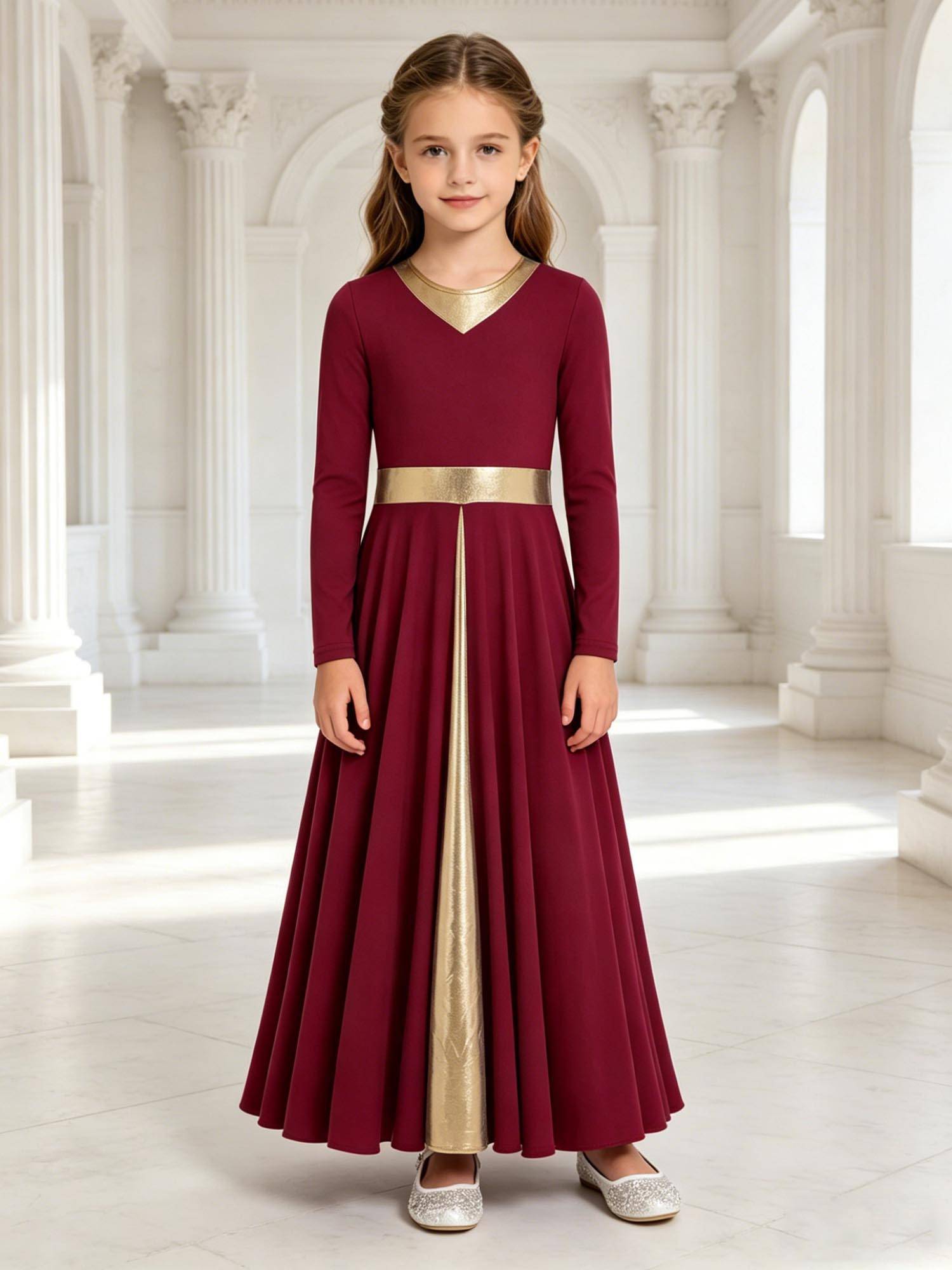 Girls Liturgical Praise Dance Dress Metallic Maxi Robe for Church Worship, Choir