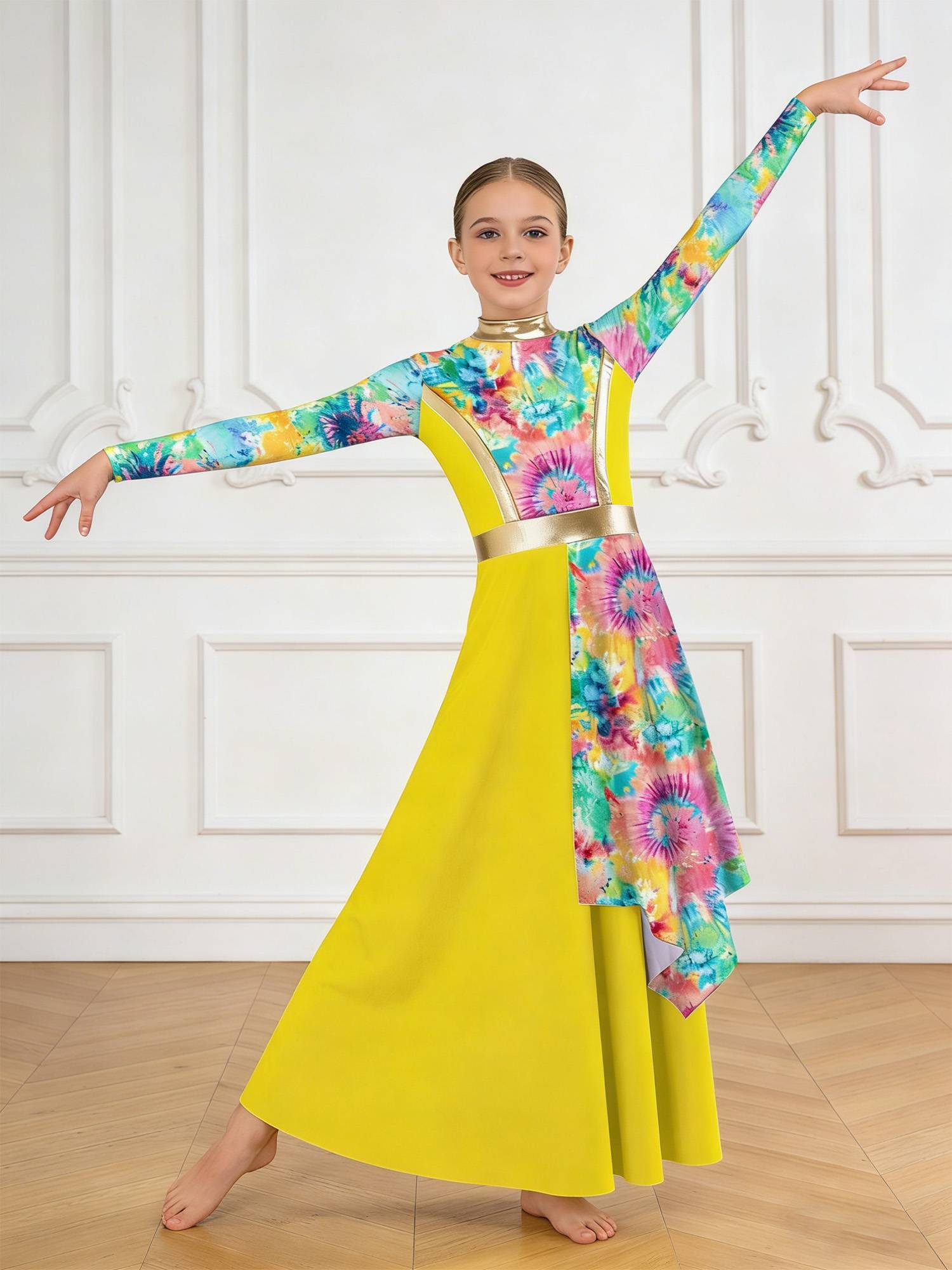 Girls Printed Praise Worship Dress Asymmetrical Drape Liturgical Gown for Choir