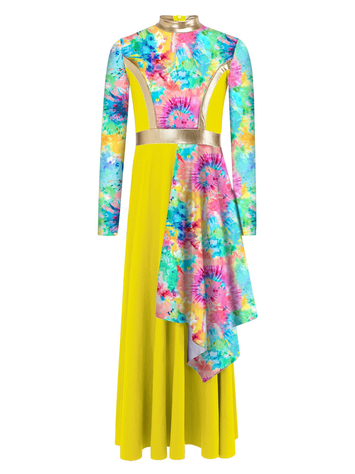 Girls Printed Praise Worship Dress Asymmetrical Drape Liturgical Gown for Choir