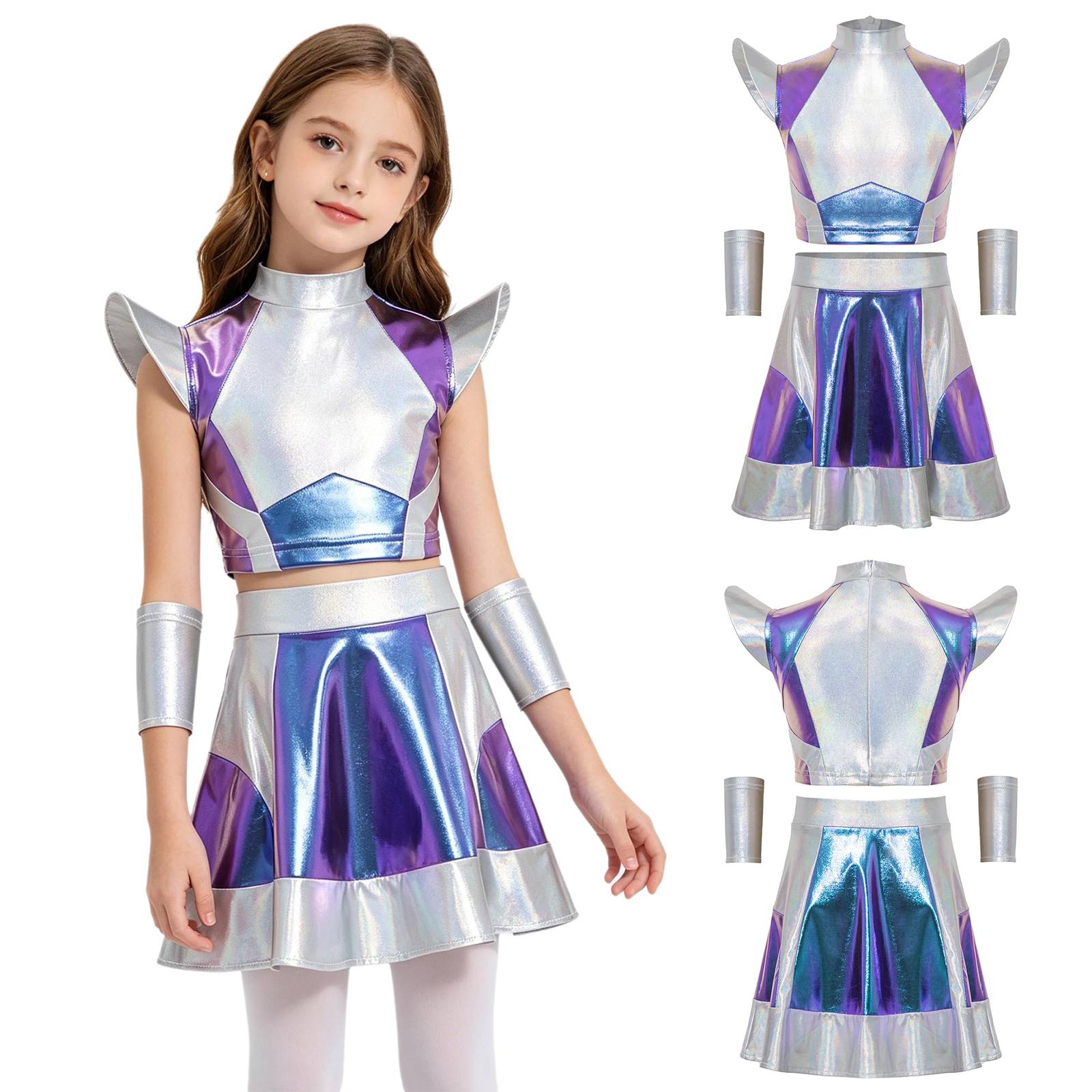CHICTRY Girls 3 Pieces Halloween Alien Cosplay Costume Outer Space Cutie Outfit Cap Sleeve Glossy Metallic Color Block Short Top and Skirt with Oversleeves for Role Play Party