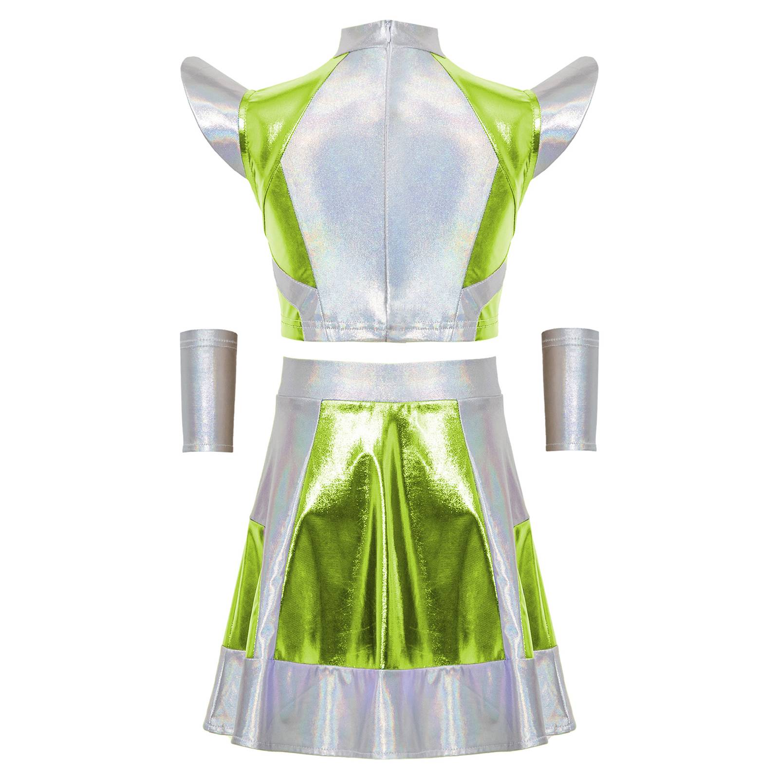 CHICTRY Girls 3 Pieces Halloween Alien Cosplay Costume Outer Space Cutie Outfit Cap Sleeve Glossy Metallic Color Block Short Top and Skirt with Oversleeves for Role Play Party