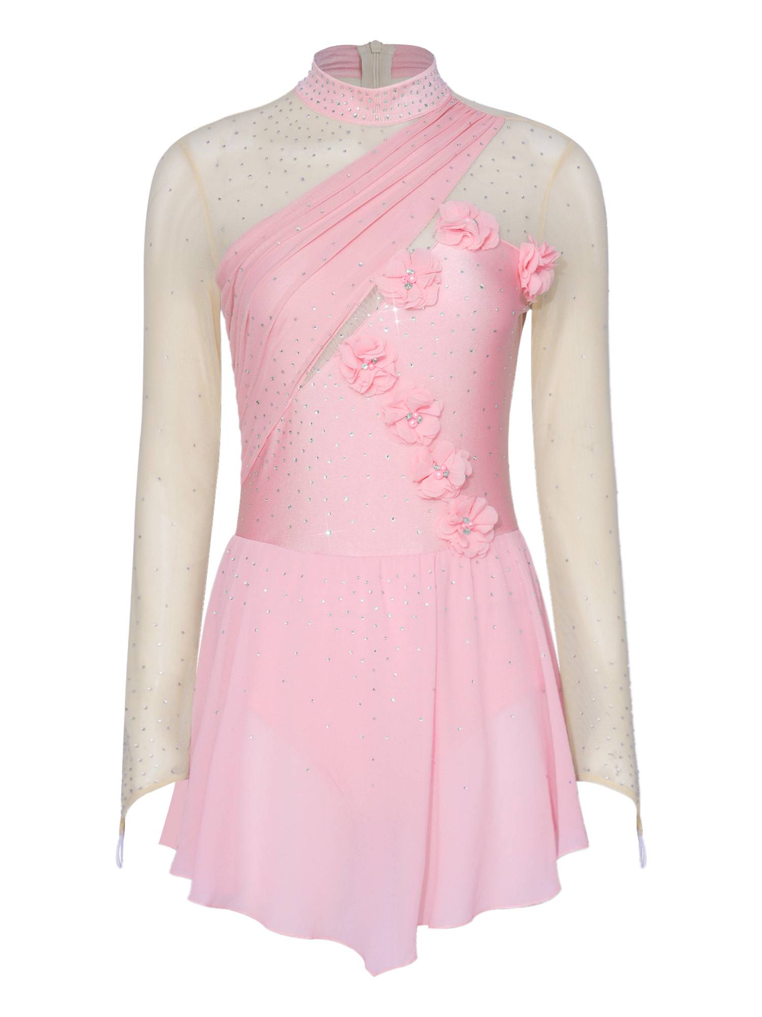 Women 3D Flower Rhinestone Figure Skating Dress Chiffon Lyrical Dancewear