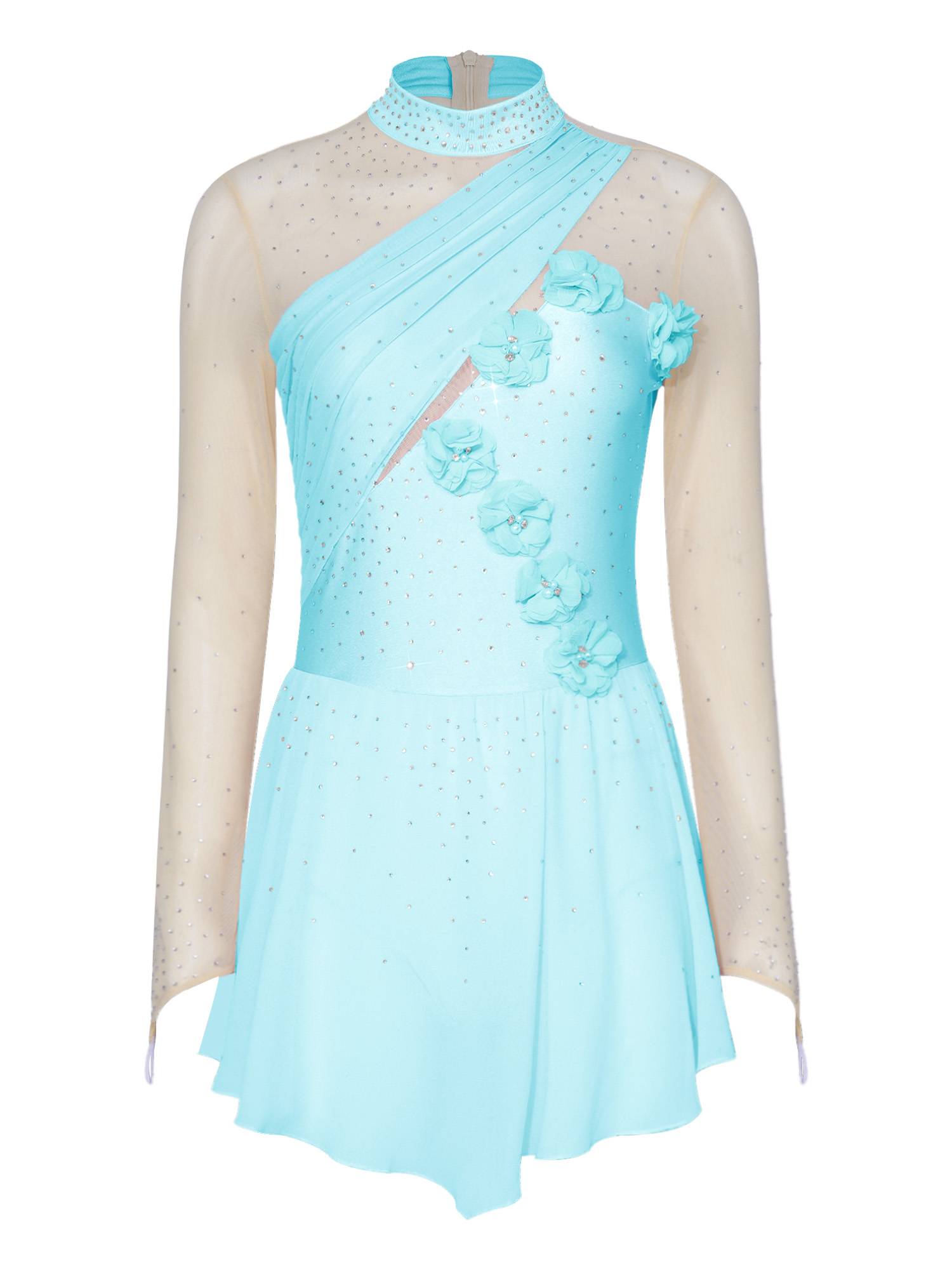 Women 3D Flower Rhinestone Figure Skating Dress Chiffon Lyrical Dancewear