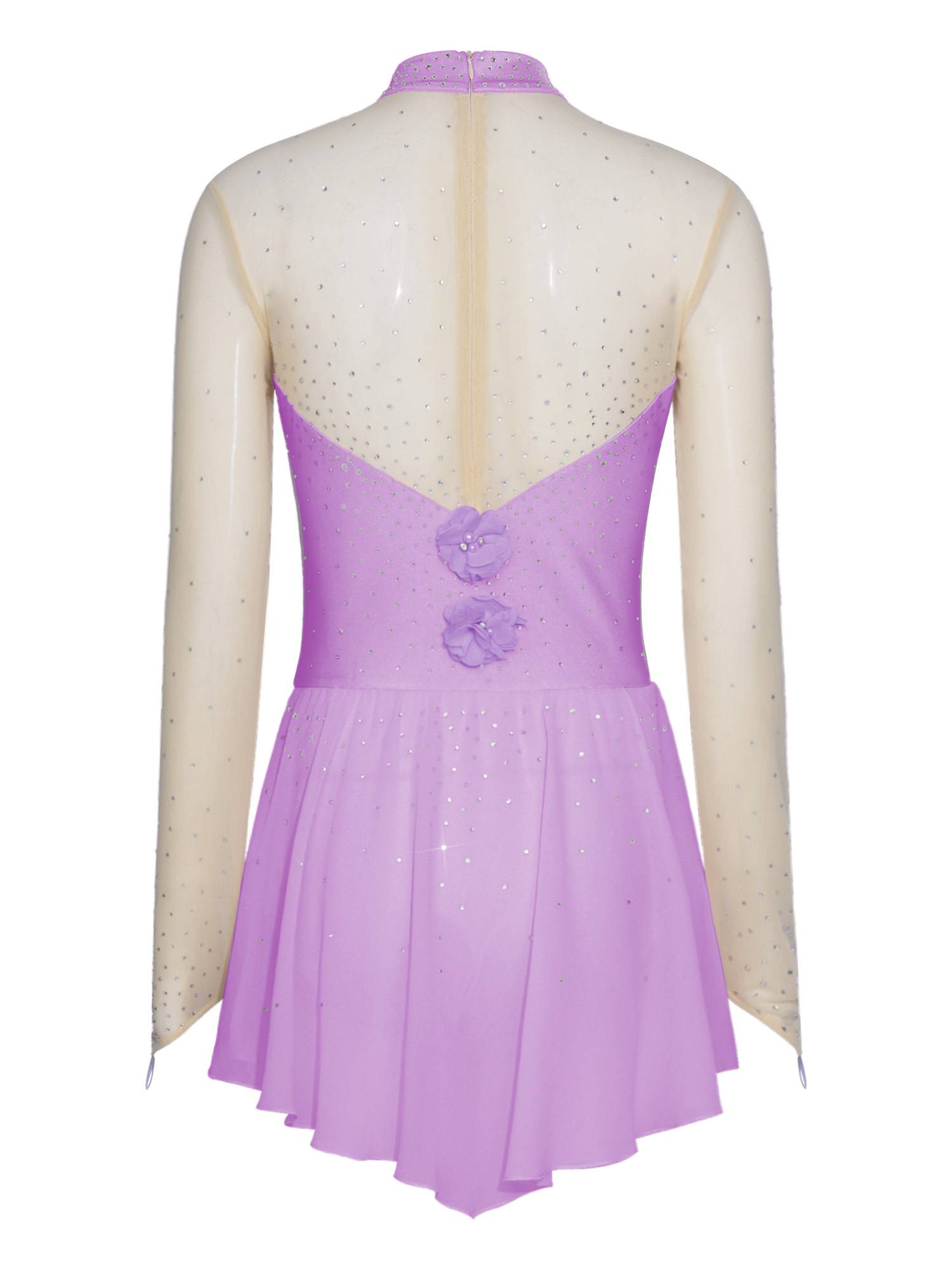 Women 3D Flower Rhinestone Figure Skating Dress Chiffon Lyrical Dancewear