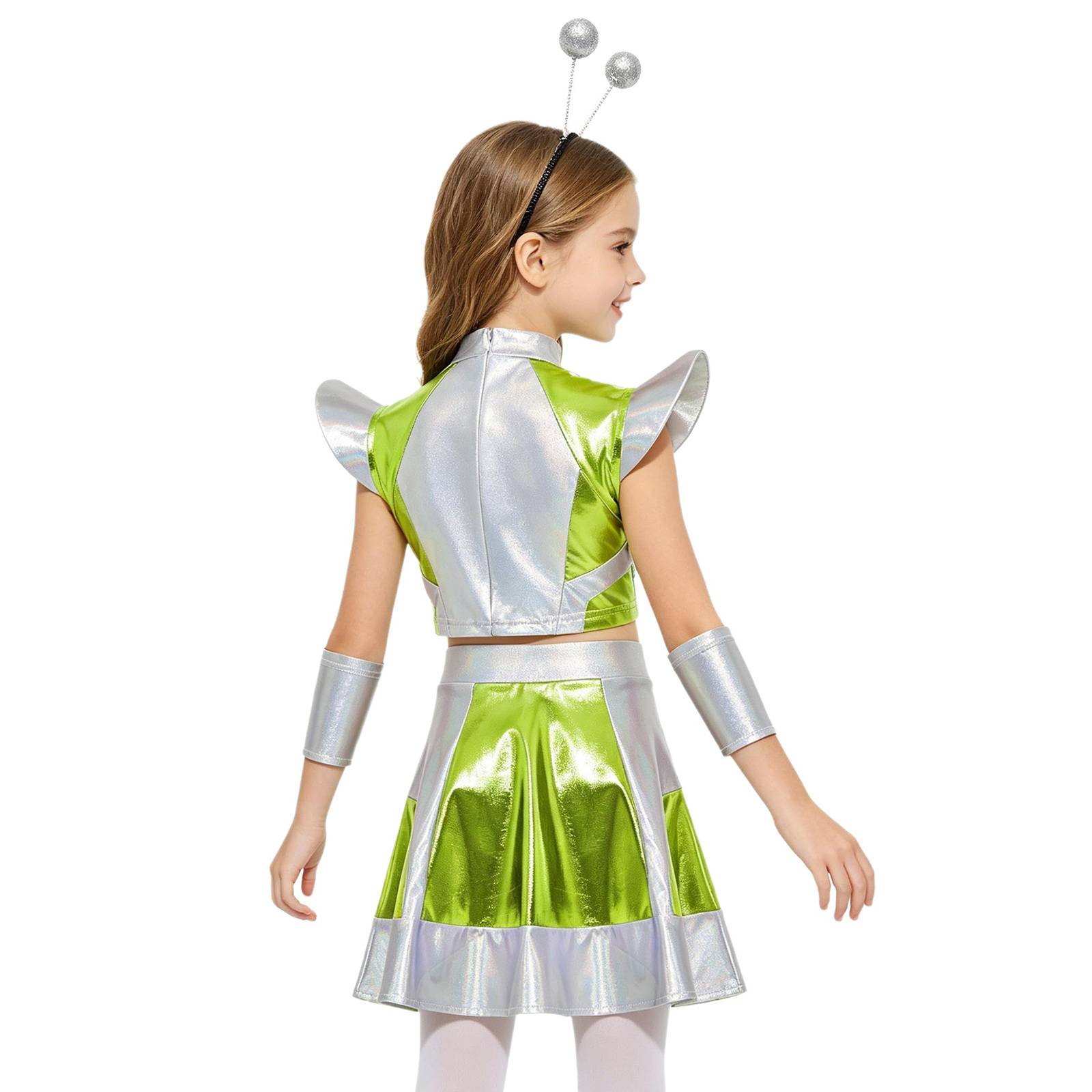Girls 4-Piece Alien Space Costume Metallic Top & Skirt Set for Halloween