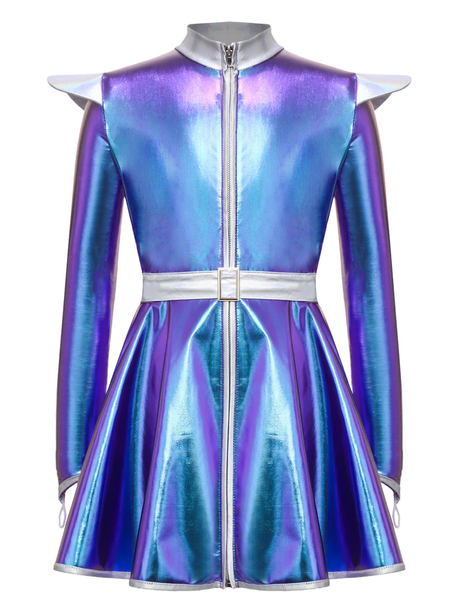Girls Metallic Long Sleeve Alien A-Line Dress Robot Costume for Halloween Party