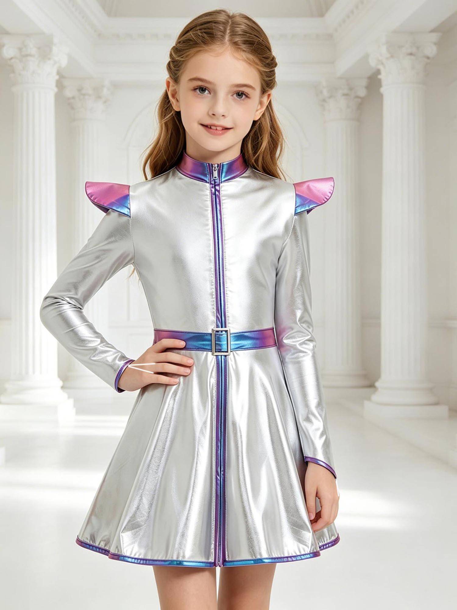 Girls Metallic Long Sleeve Alien A-Line Dress Robot Costume for Halloween Party