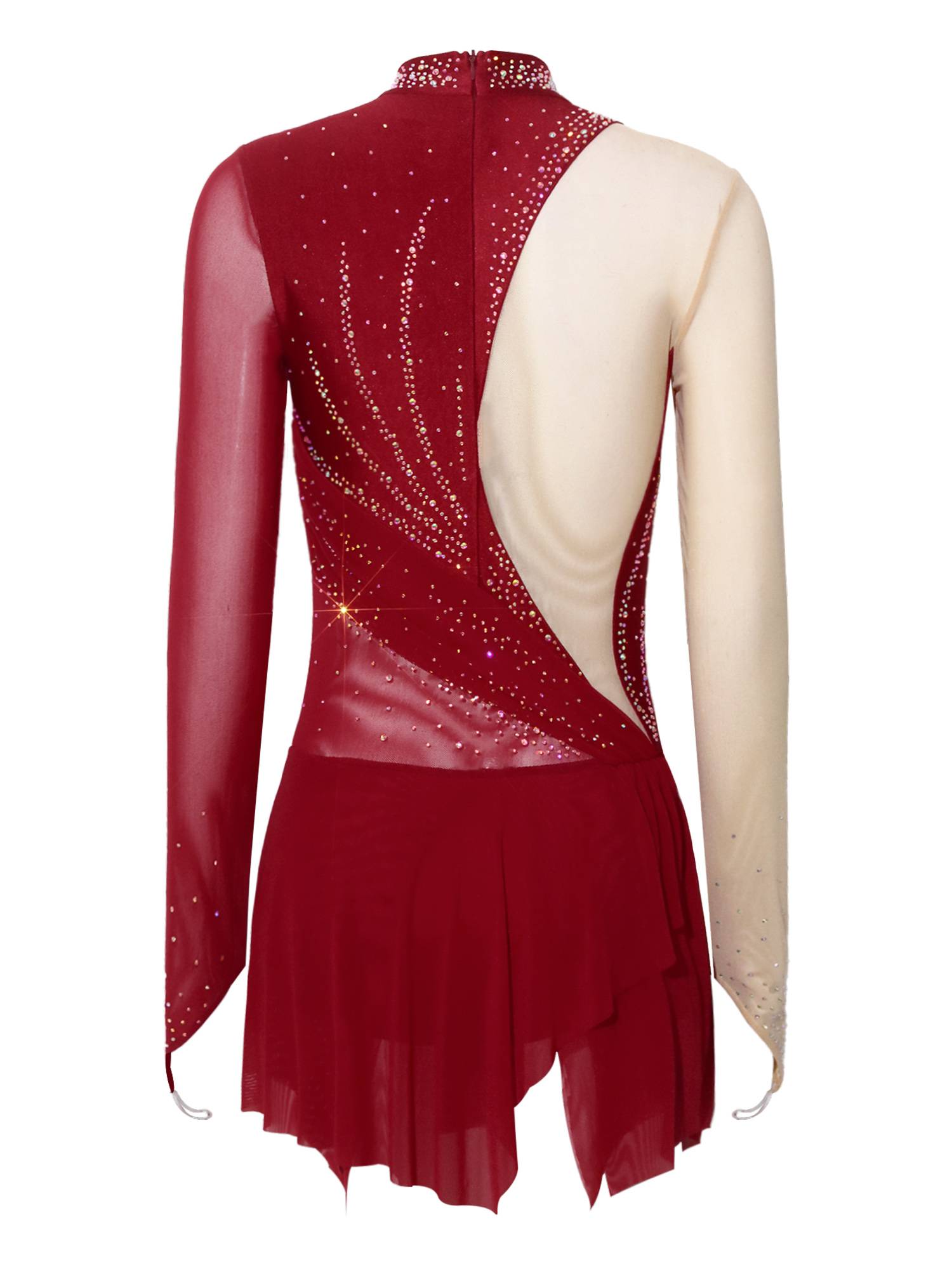 Women Rhinestone Mock Neck Figure Skating Dress for Gymnastics & Latin Dance