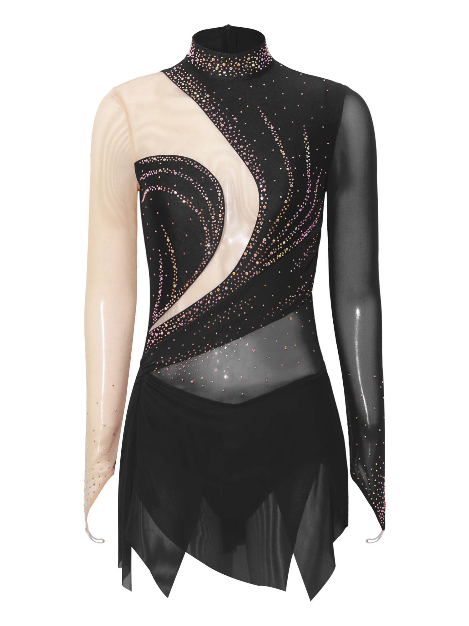 Women Rhinestone Mock Neck Figure Skating Dress for Gymnastics & Latin Dance